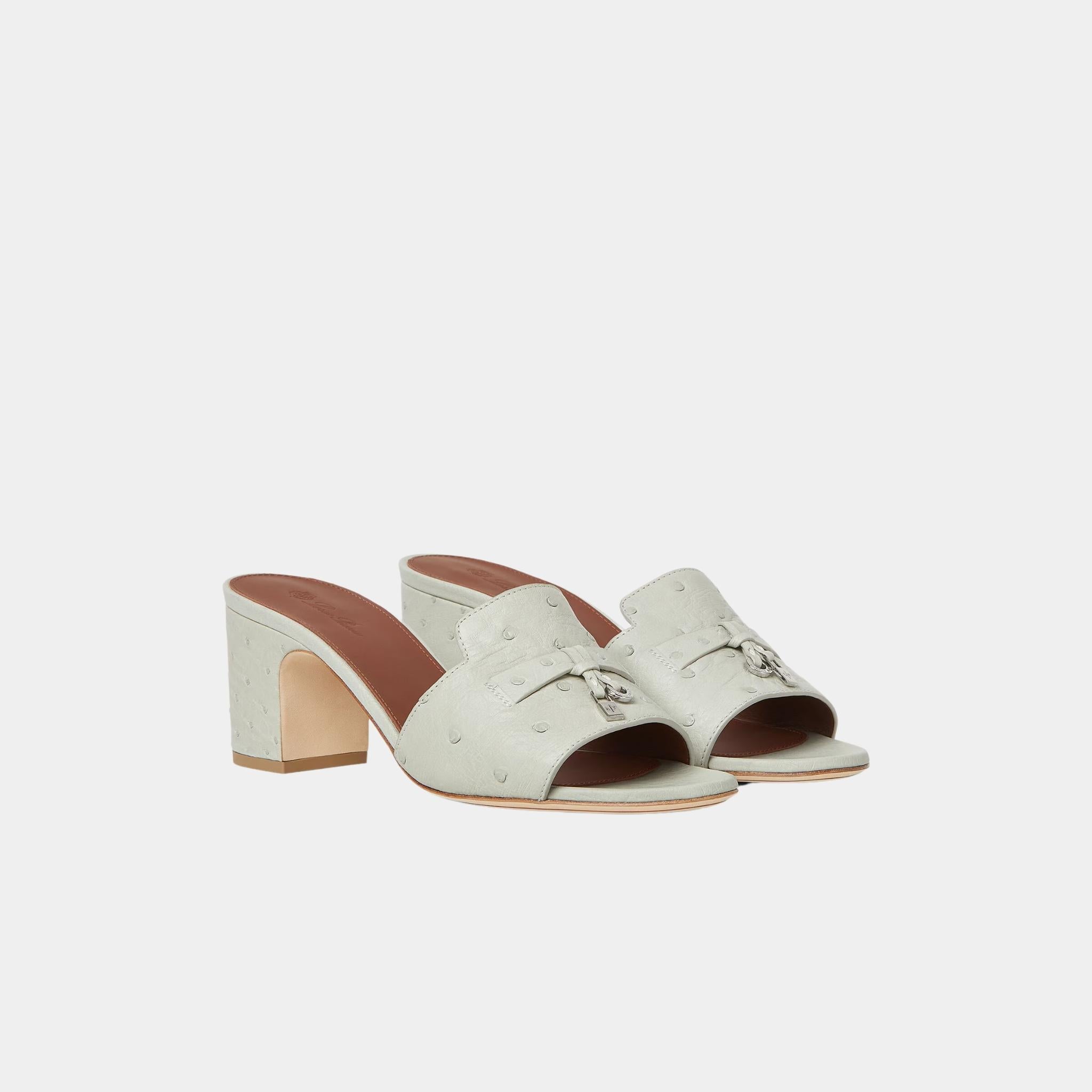 Loro Piana Summer Charms Sandal Heeled Ostrich Leather, Deep Ice, Front