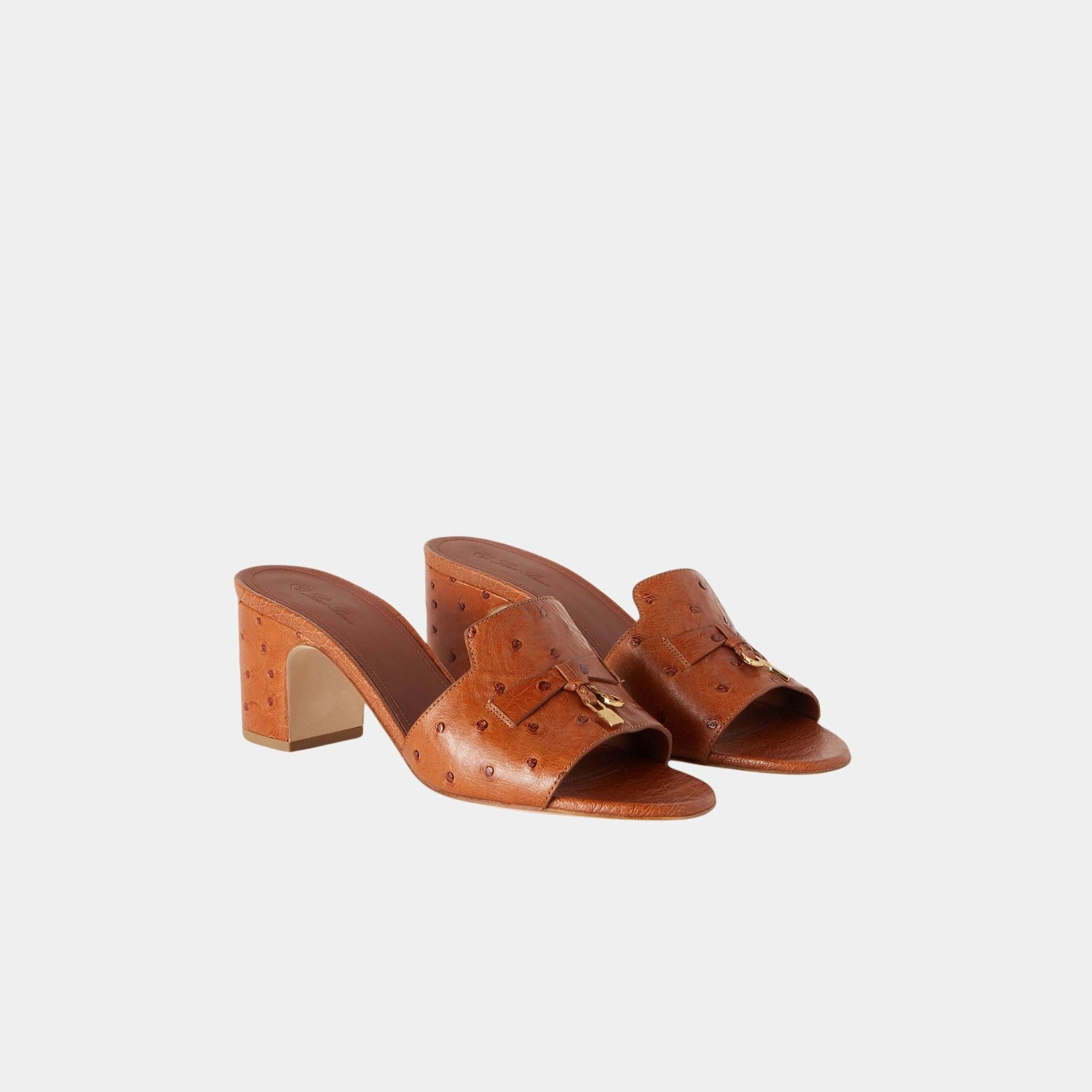 Loro Piana Summer Charms Sandal Heeled Ostrich Leather, Sand Haze, Front