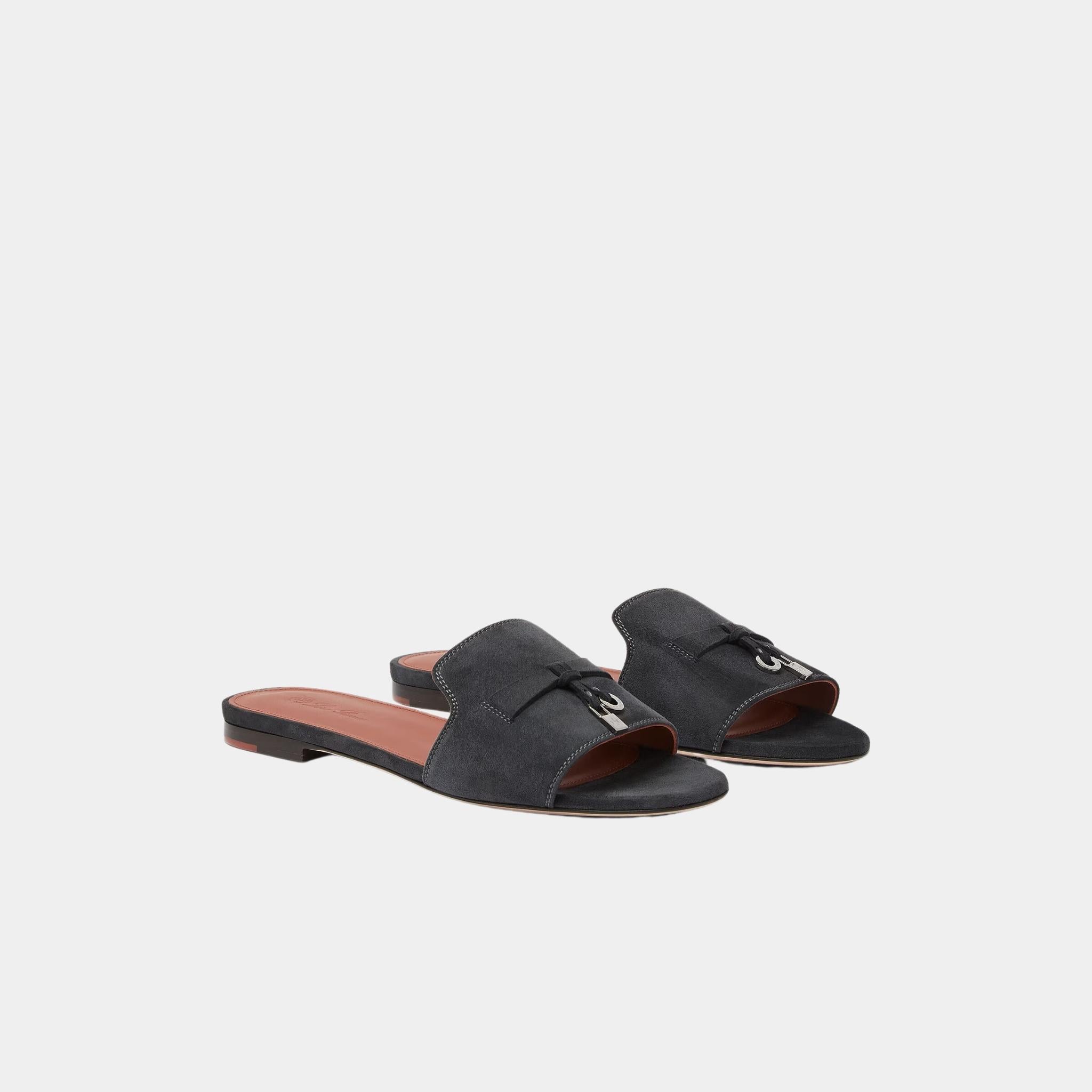 Loro Piana Summer Charms Sandal Suede Goatskin Flats, Blue Green, Front