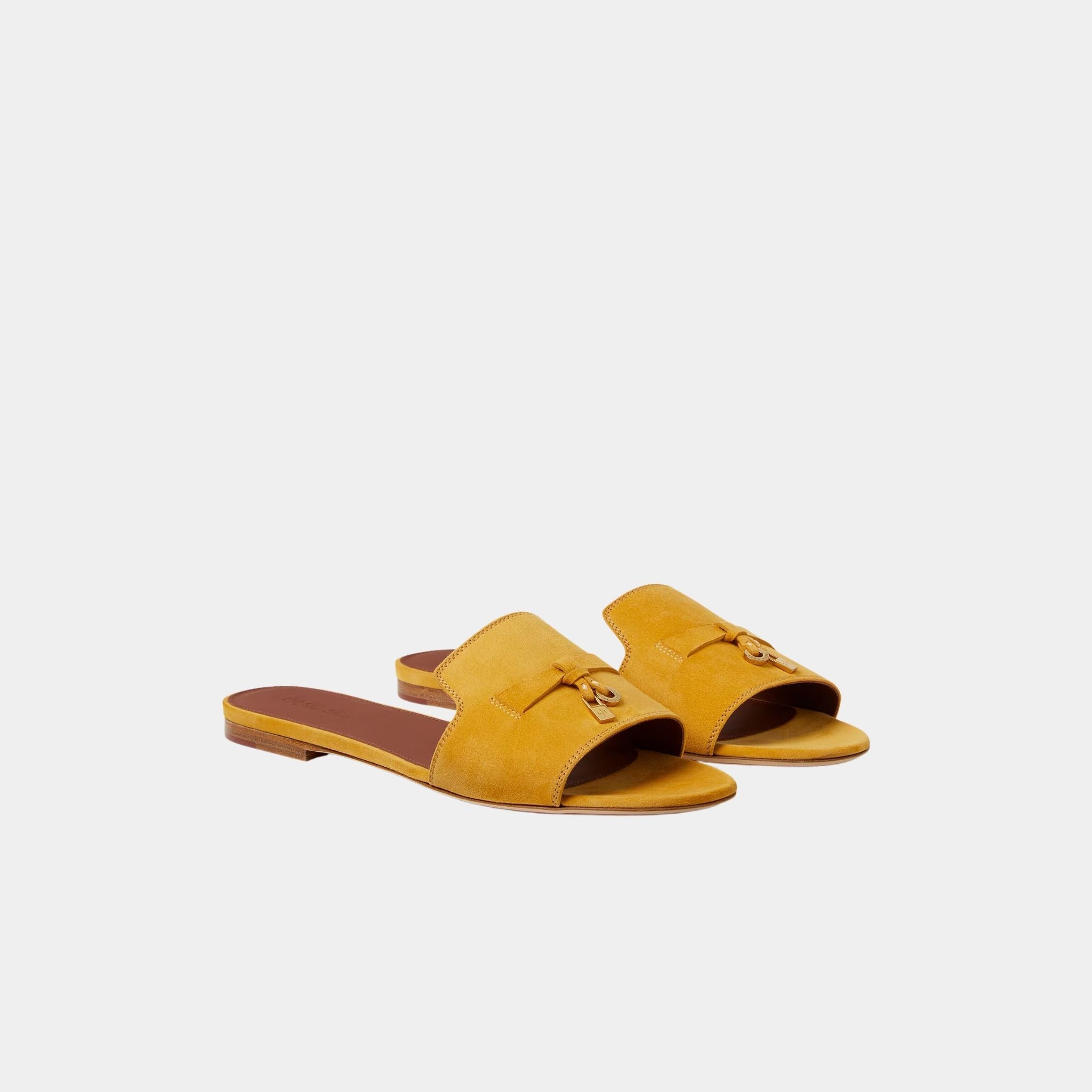 Loro Piana Summer Charms Suede Goatskin Flat Sandal, Saffron Tea, Front
