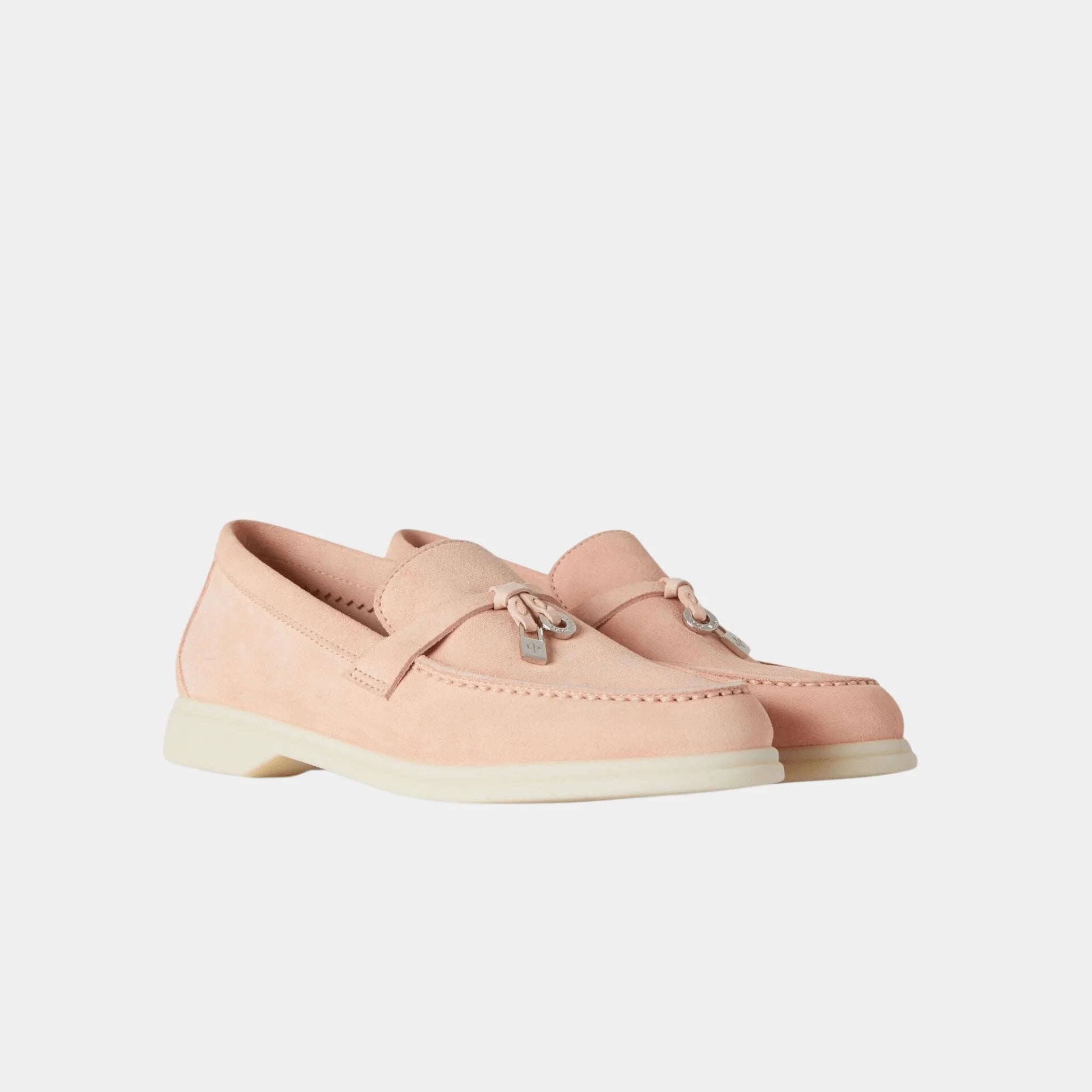 Loro Piana Kids Summer Charms Walk Loafers Suede, Pink Shell, Front