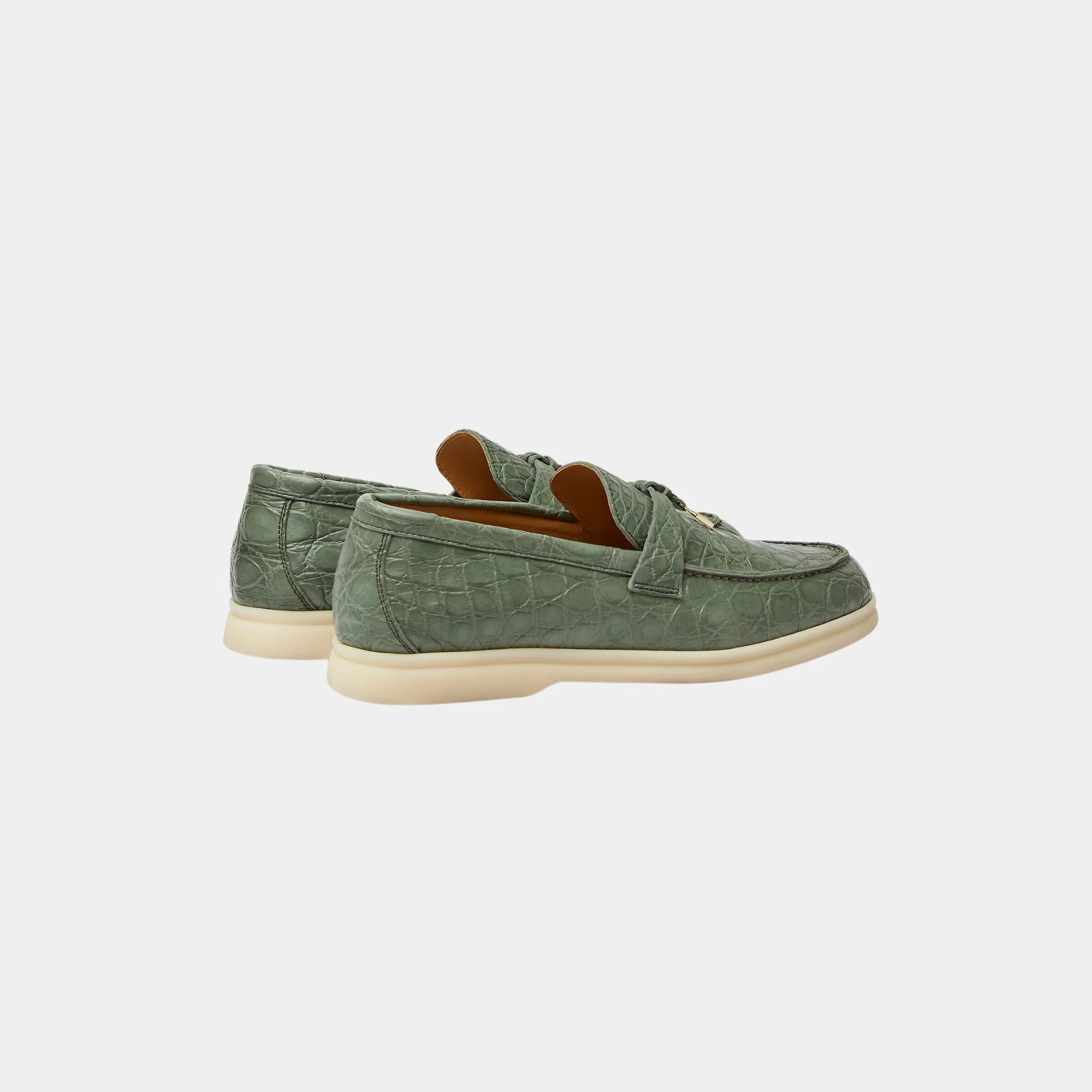 Loro Piana Summer Charms Walk Loafer in Caiman Leather, Green Lagoon, Back