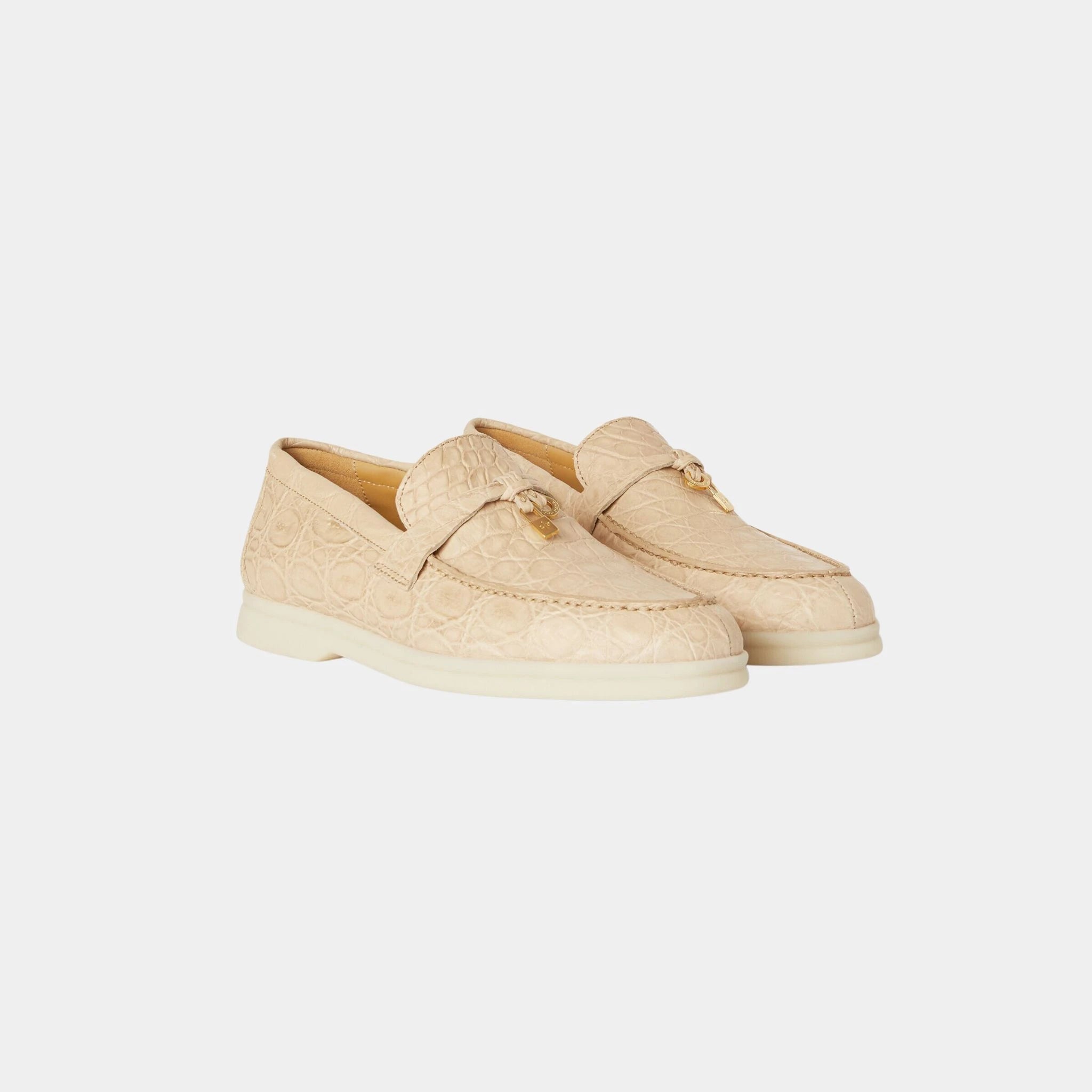 Loro Piana Summer Charms Walk Loafer in Caiman Leather, Light Mastic, Front