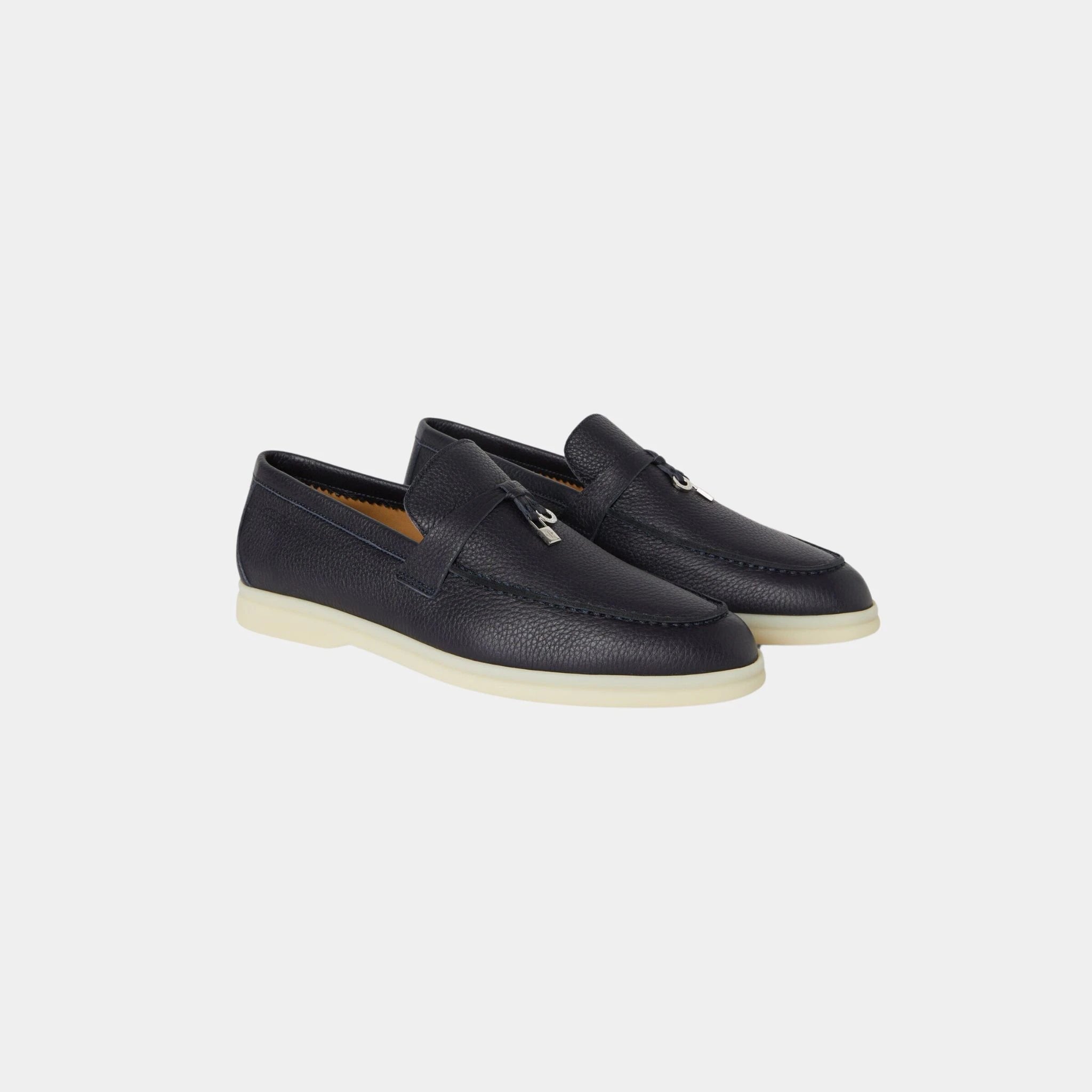 Loro Piana Summer Charms Walk Loafer in Deerskin, Navy Blue, Front