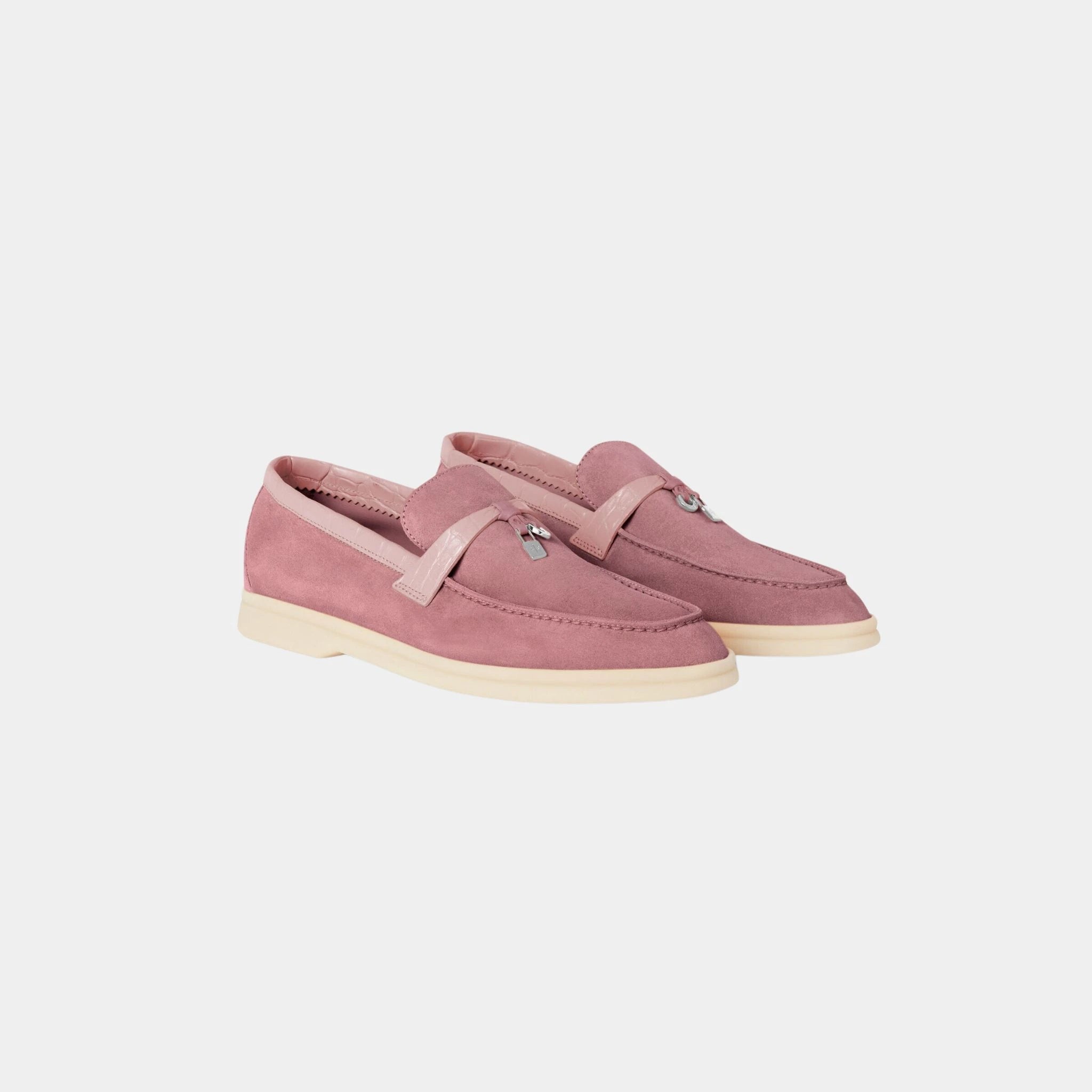 Loro PIana Summer Charms Walk Loafer Suede with Alligator Skin, Noisette Rose, Front