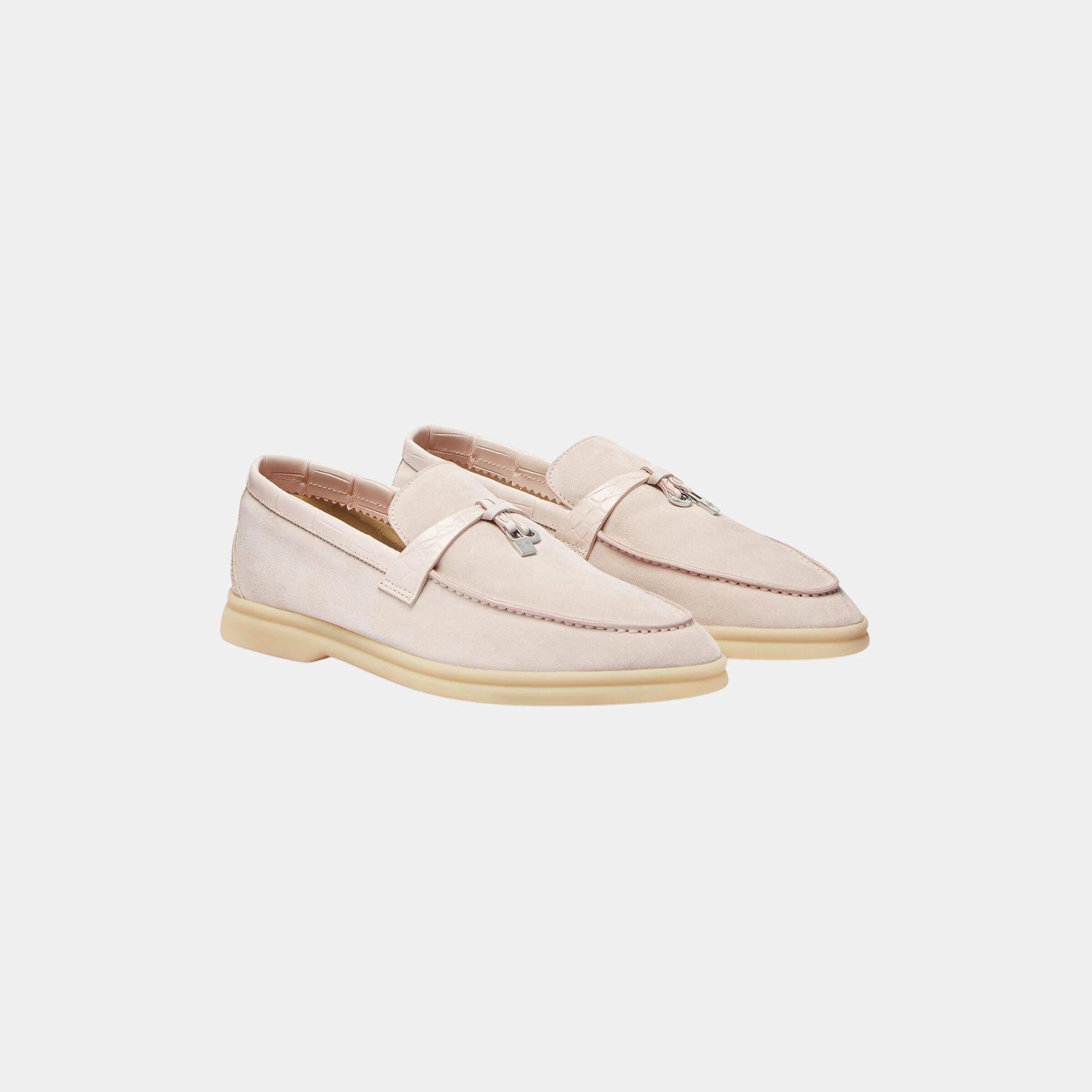 Loro PIana Summer Charms Walk Loafer Suede with Alligator Skin, Whisper Pink, Front