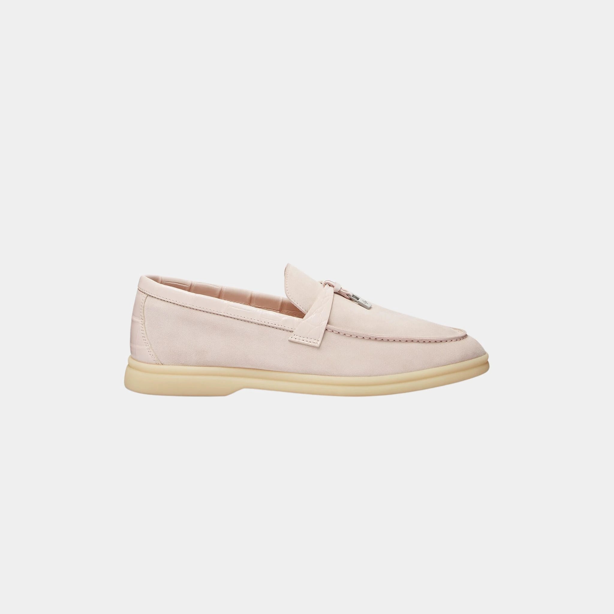 Loro PIana Summer Charms Walk Loafer Suede with Alligator Skin, Whisper Pink, Side