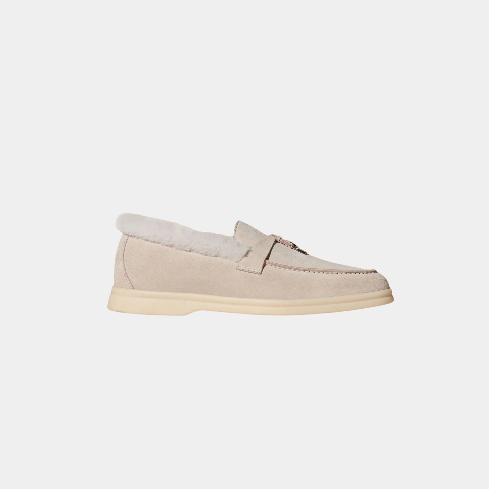 Loro Piana Summer Charms Walk Loafer Suede with Beaver Fur, Powder Pearl, Side