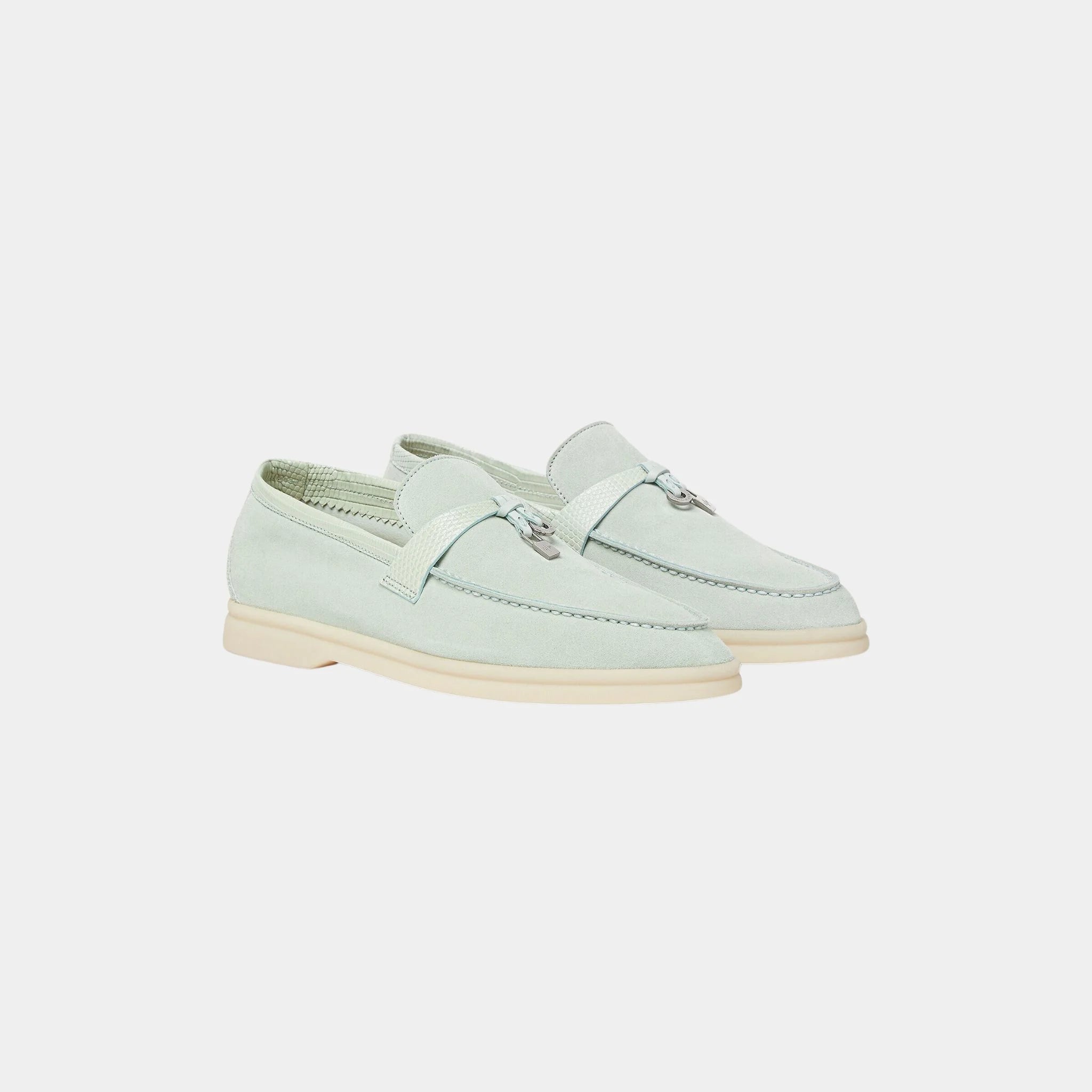 Loro Piana Summer Charms Walk Loafer in Suede Infinito Crocodile, Pale Leaf, Front