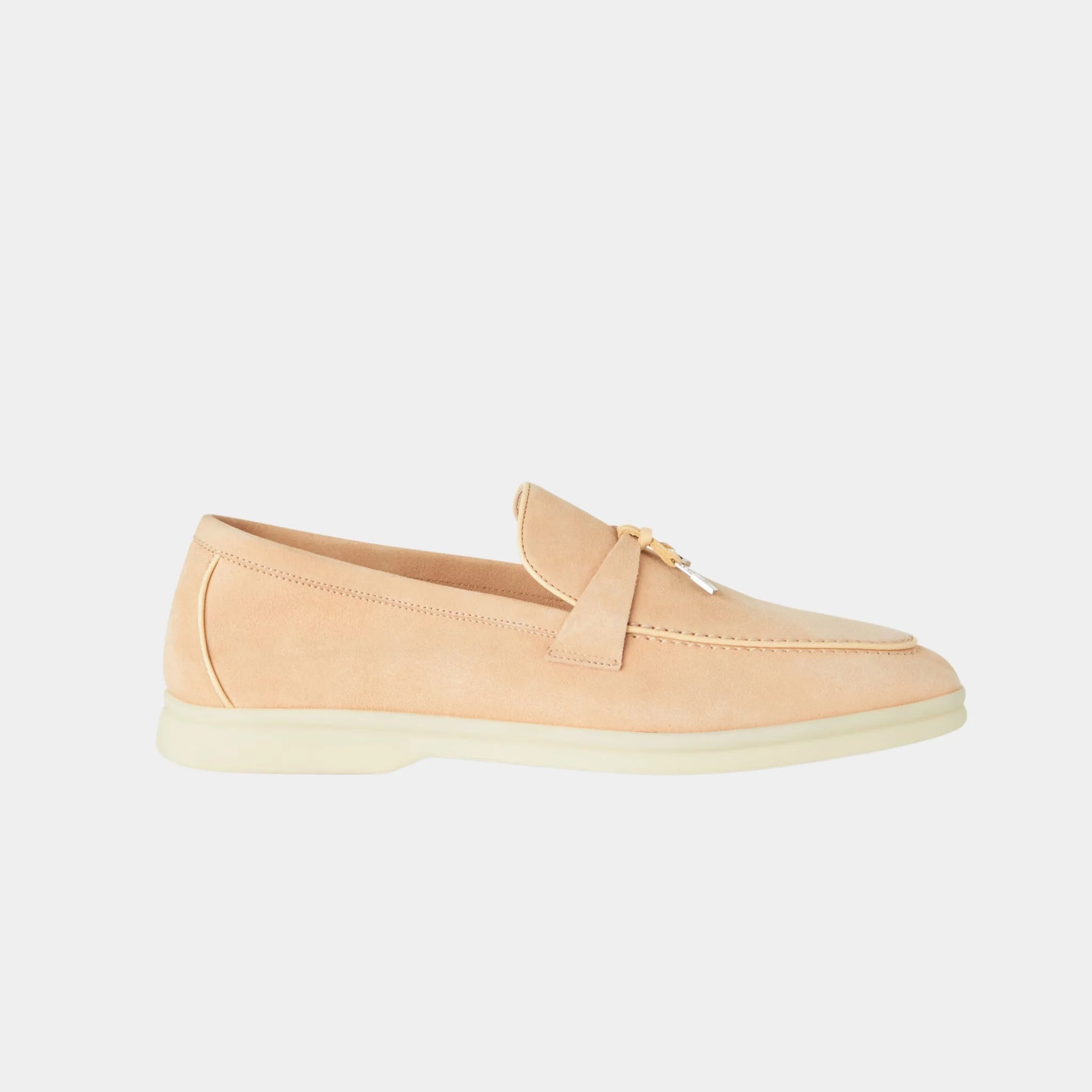 Loro Piana Summer Charms Walk Loafer in Suede & Lambskin, Pink Reef, Side