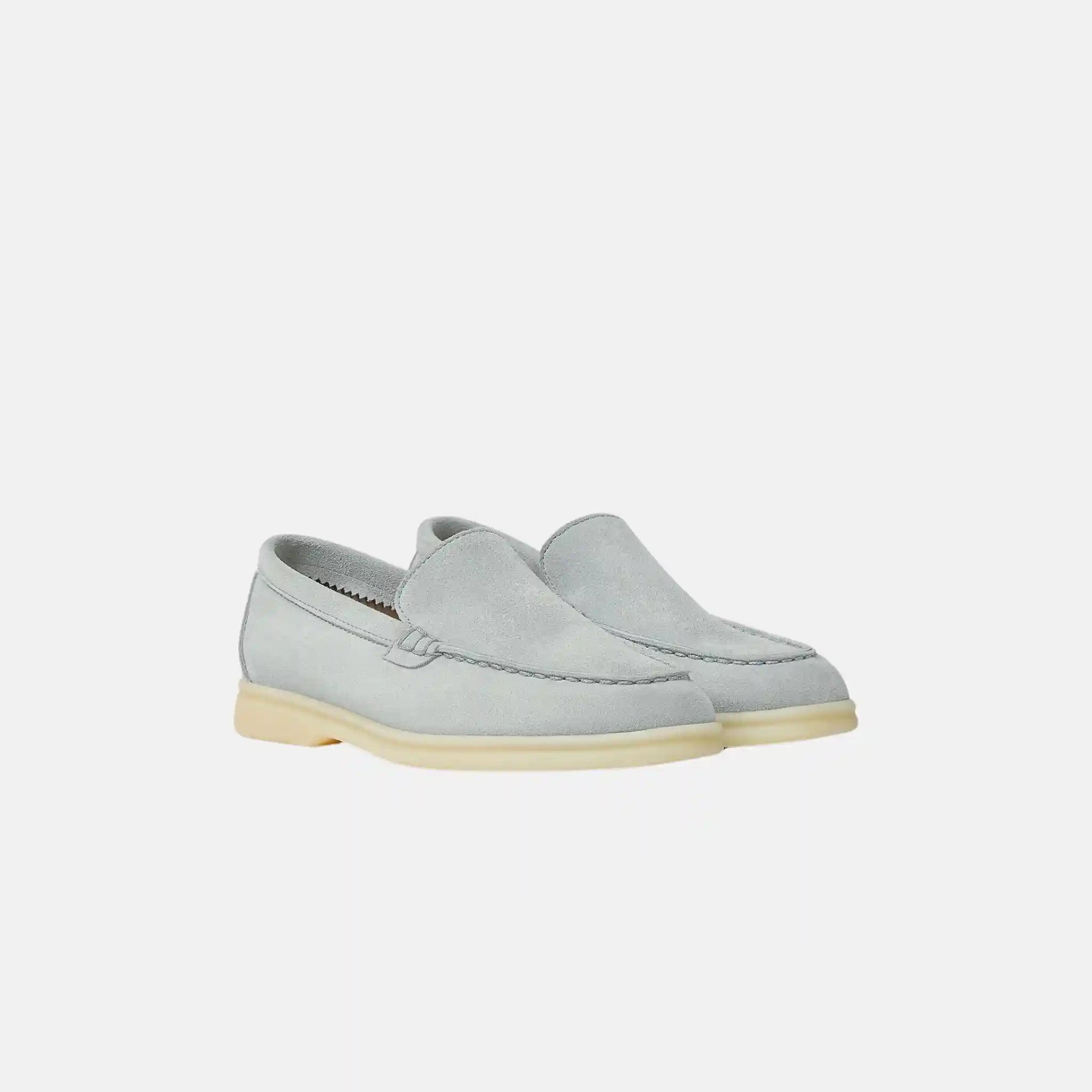 Loro Piana Summer Walk Kids Suede Loafers, Powder Blue, Front