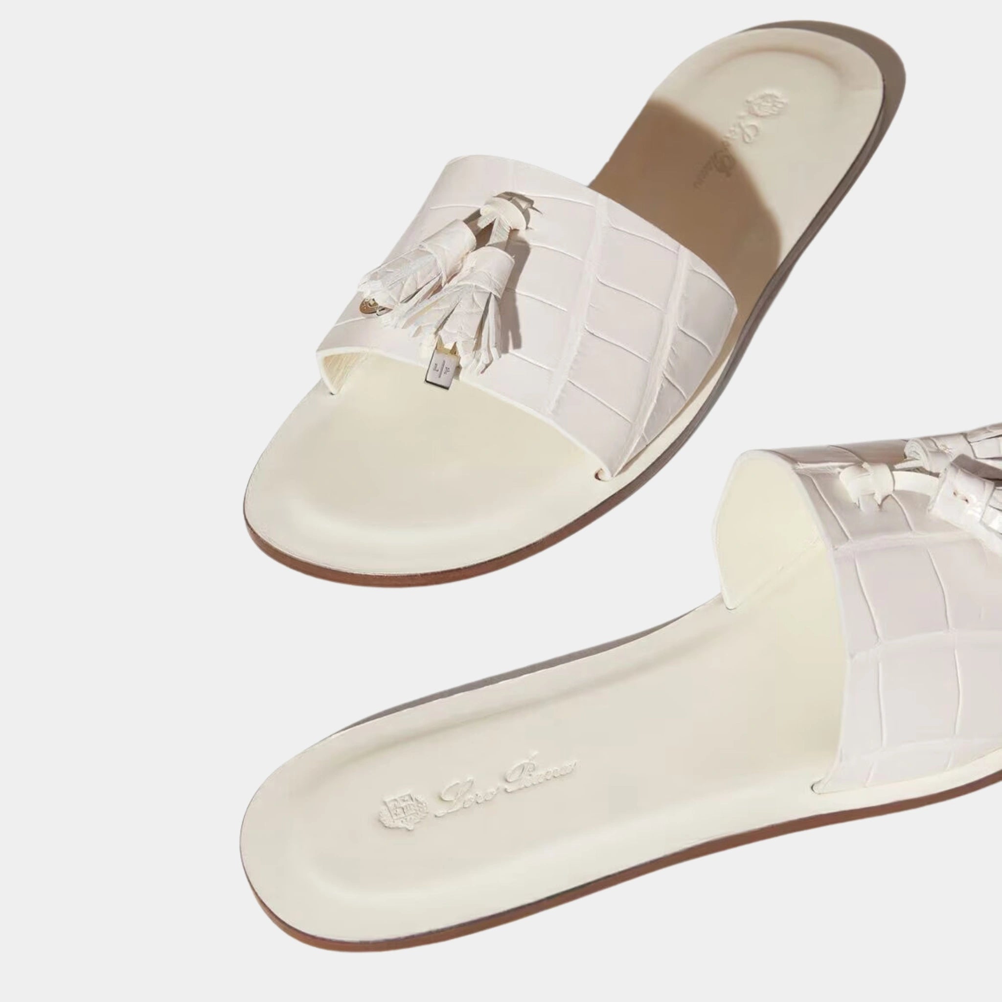 Loro Piana Tassels Charms Slide Sandal Alligator Leather, White, Close