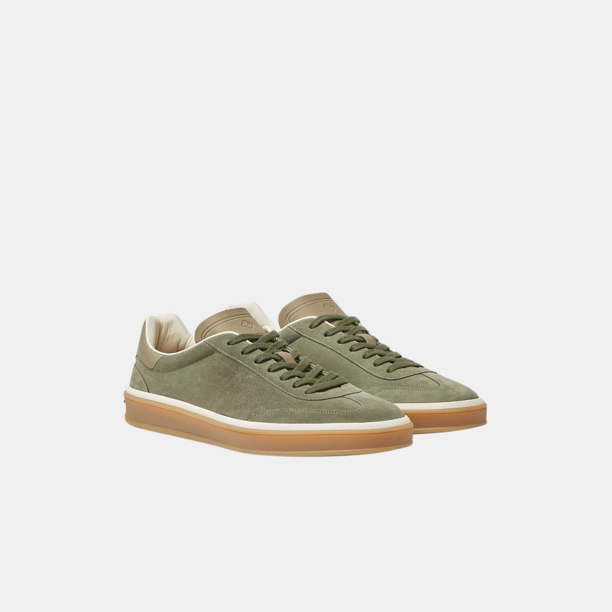 Loro Piana Tennis Walk Men Sneaker Suede Calf Split, Army Gray, Front