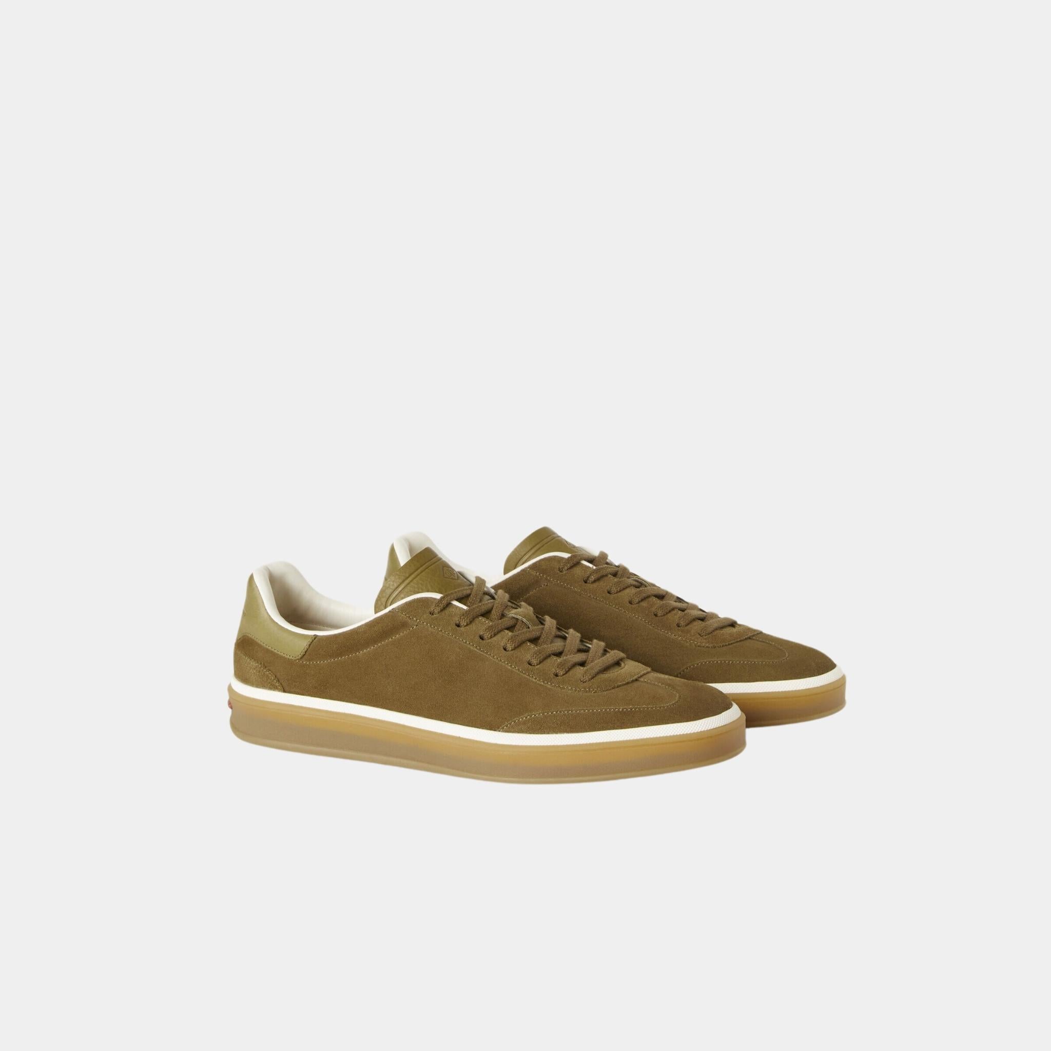 Loro Piana Tennis Walk Men Sneaker Suede Calf Split, Tundra Green, Front