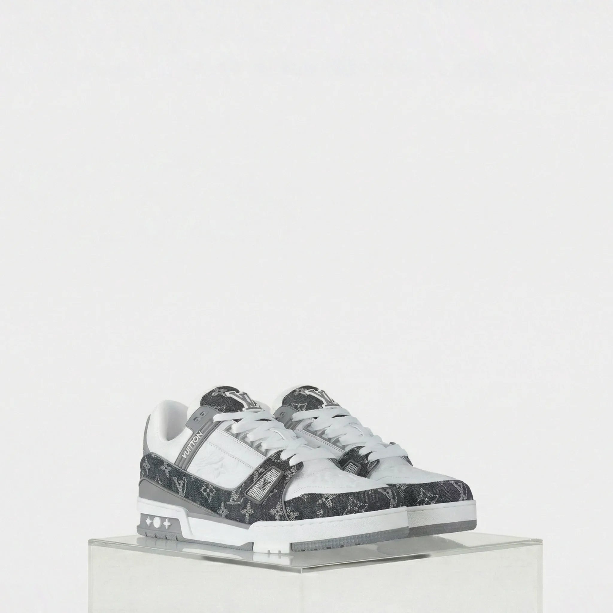 Louis Vuitton LV Trainers Monogram Denim and Monogram Calf Leather, Grey, Front