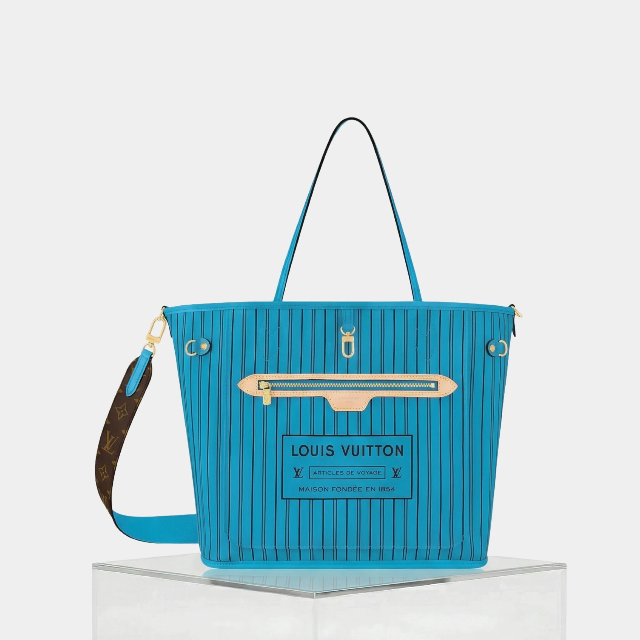 Louis Vuitton Neverfull Bandoulière Monogram Inside Out MM Handbag, Gaston Blue, Front