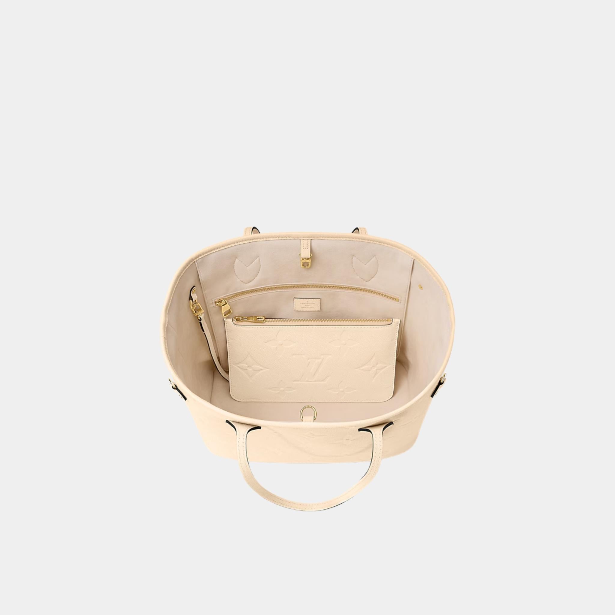 Louis Vuitton Neverfull MM Embossed Grained Cowhide Leather Handbag, Creme, Top