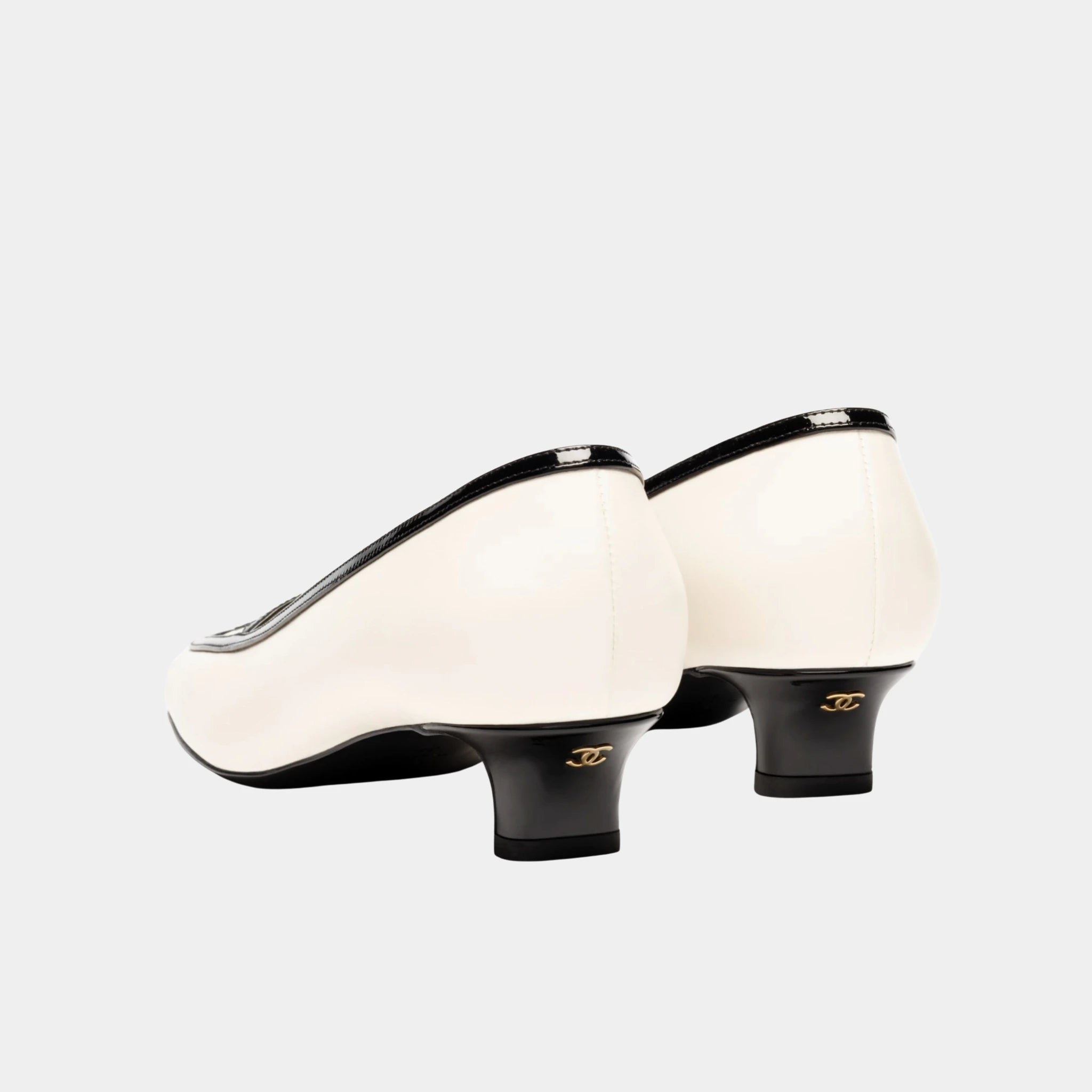 Chanel Low Heeled Pumps in Lambskin & Patent Calfskin, White Black, Back