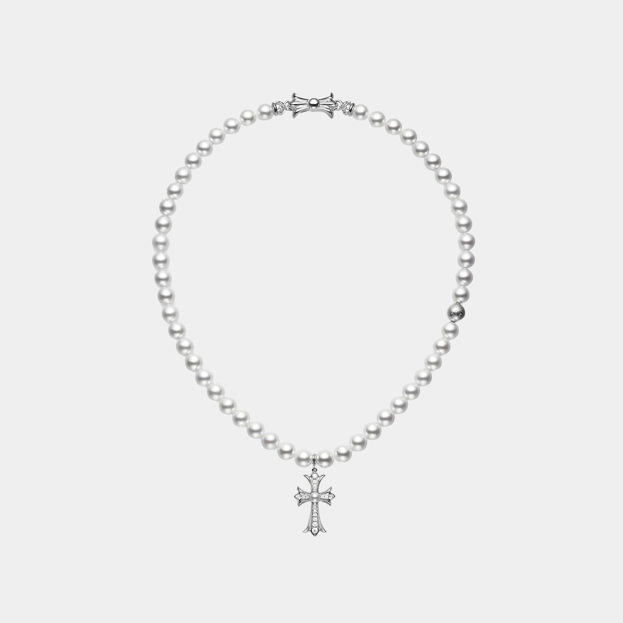 Mikimoto x Chrome Hearts Pearl & Diamond Necklace with CH Cross