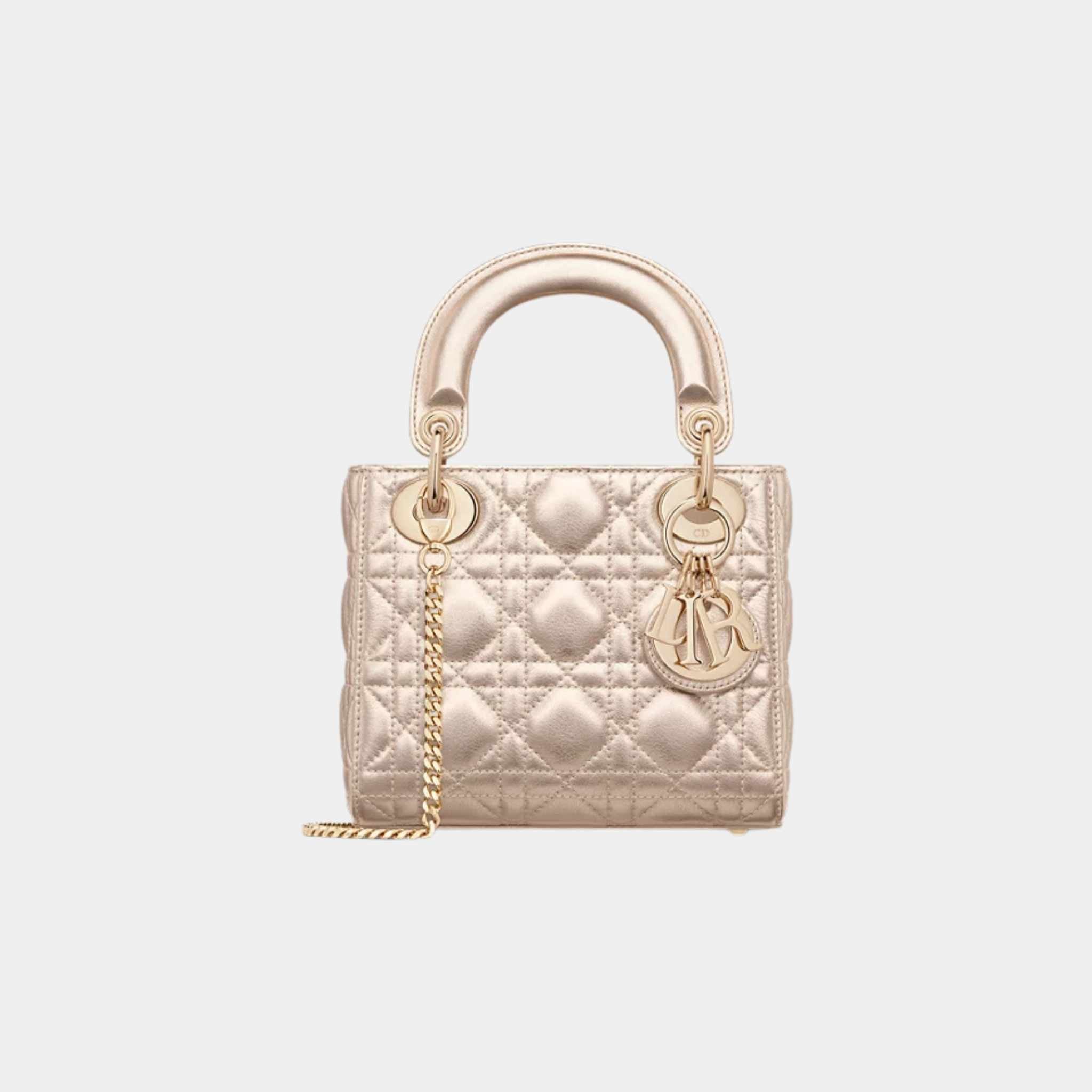 Mini Lady Dior Bag Calfskin, Pale Gold, Front