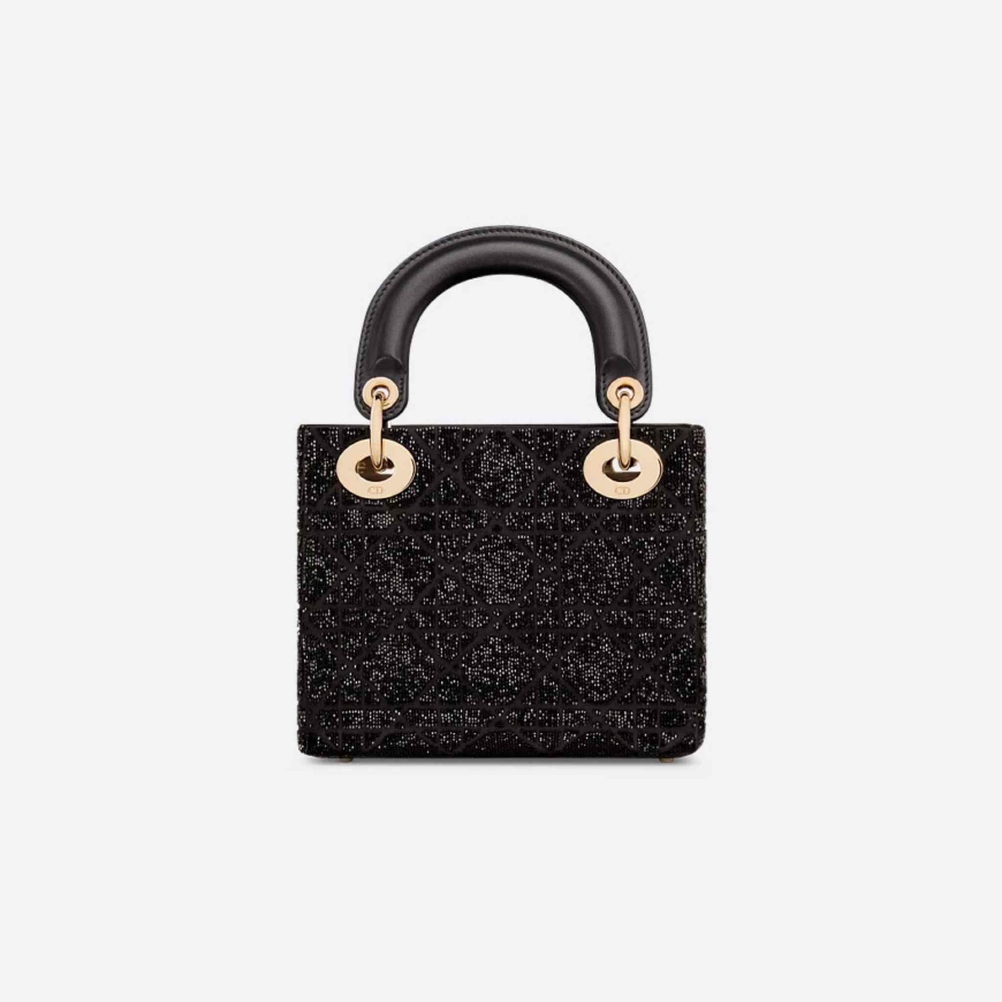 Mini Lady Dior Bag Microbead-Embroidered Cotton With Cannage Motif, Black, Back