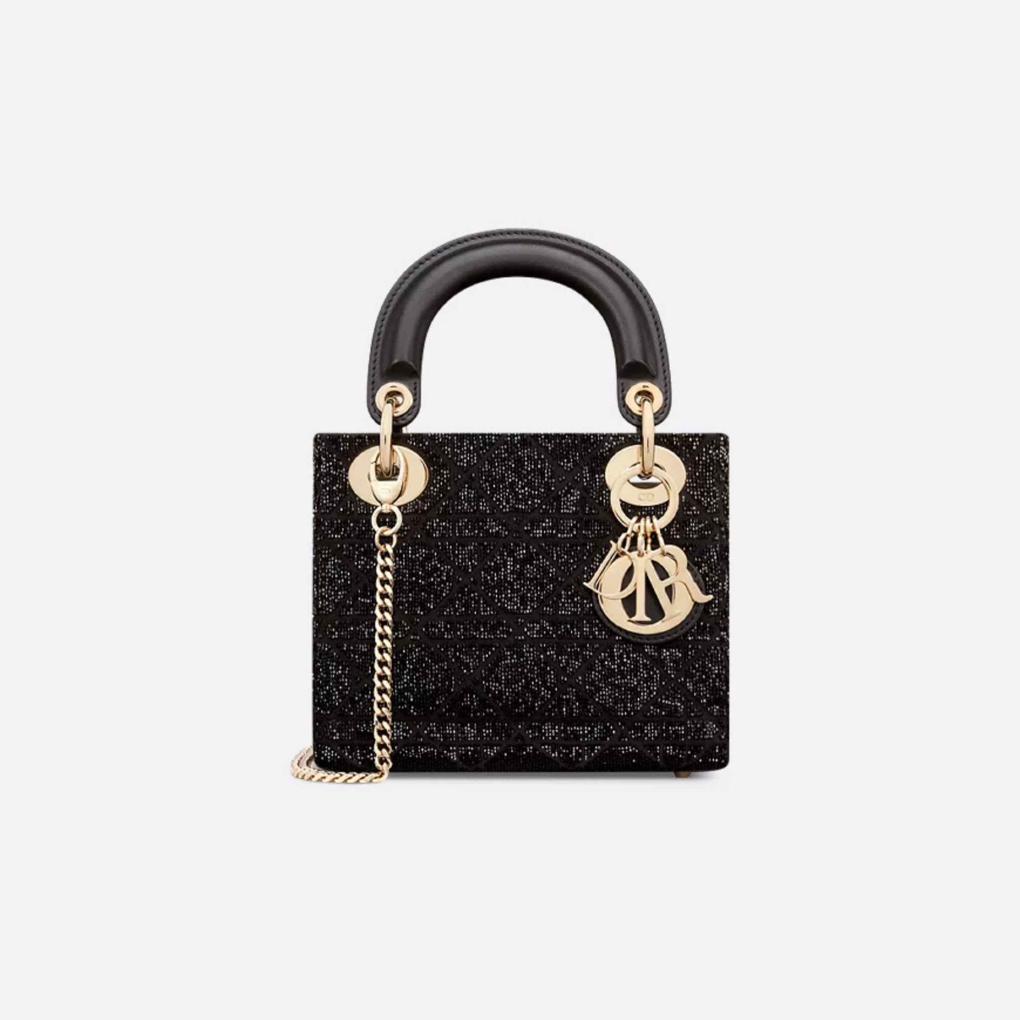 Mini Lady Dior Bag Microbead-Embroidered Cotton With Cannage Motif, Black, Front