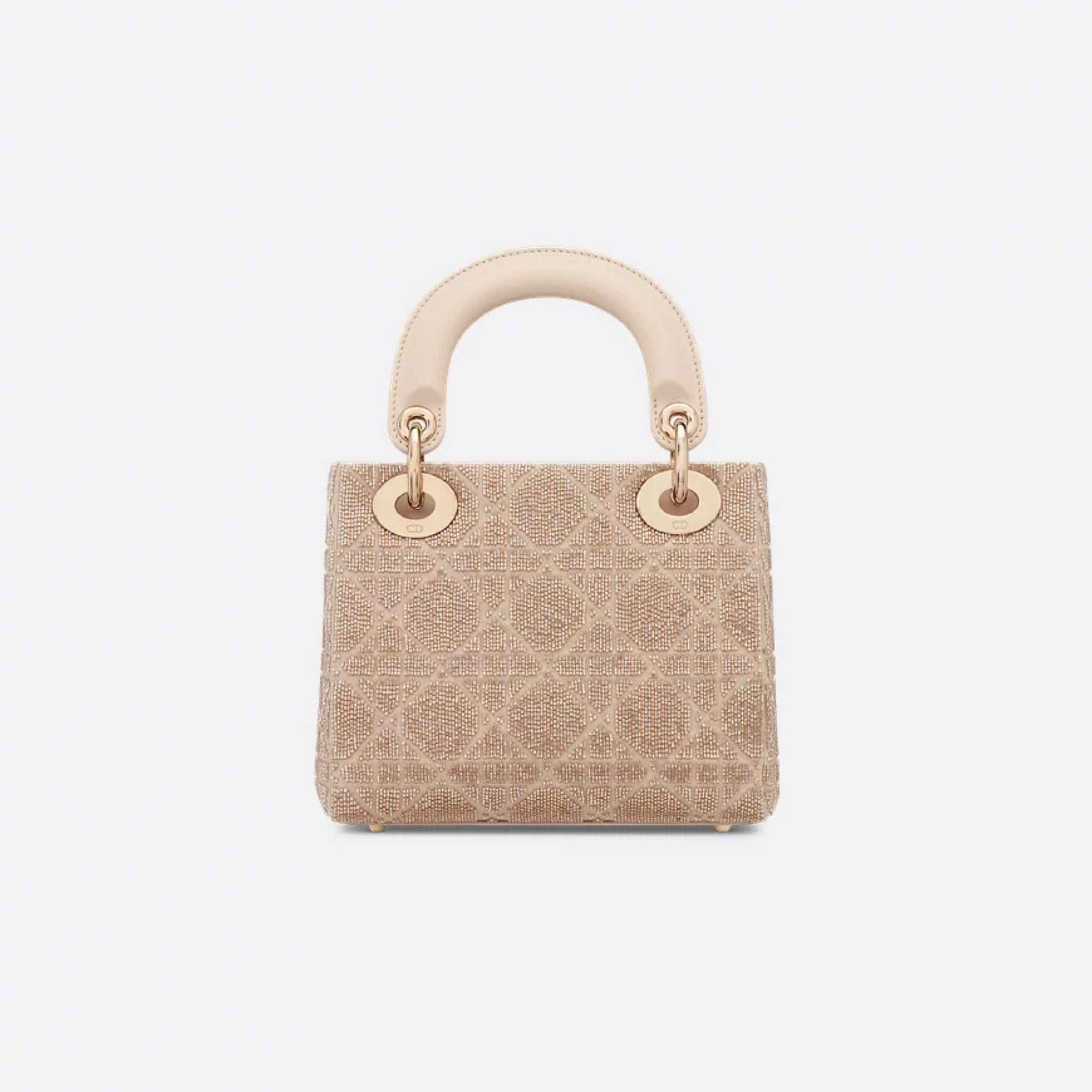 Mini Lady Dior Bag Microbead-Embroidered Cotton With Cannage Motif, Caramel Beige, Back