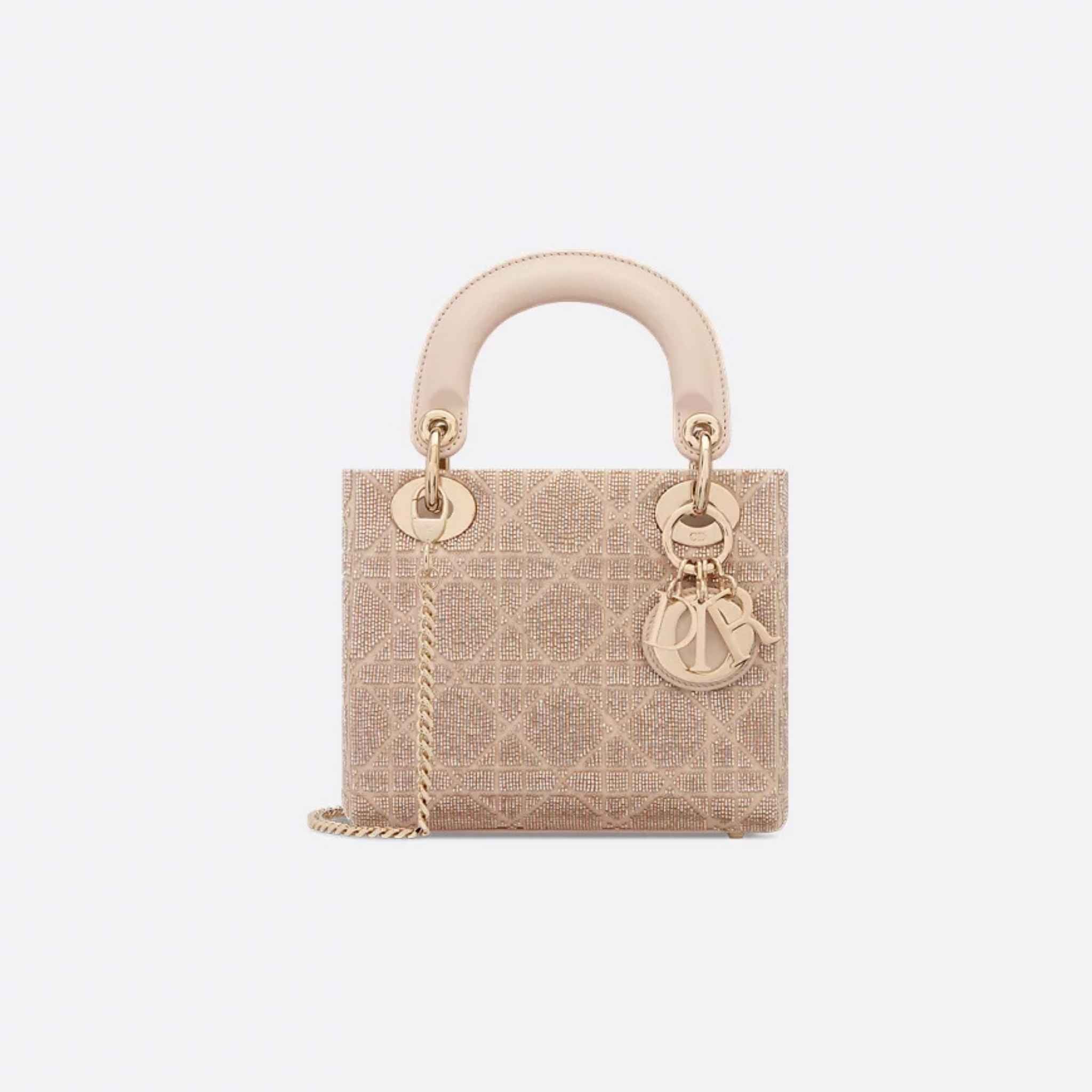 Mini Lady Dior Bag Microbead-Embroidered Cotton With Cannage Motif, Caramel Beige, Front