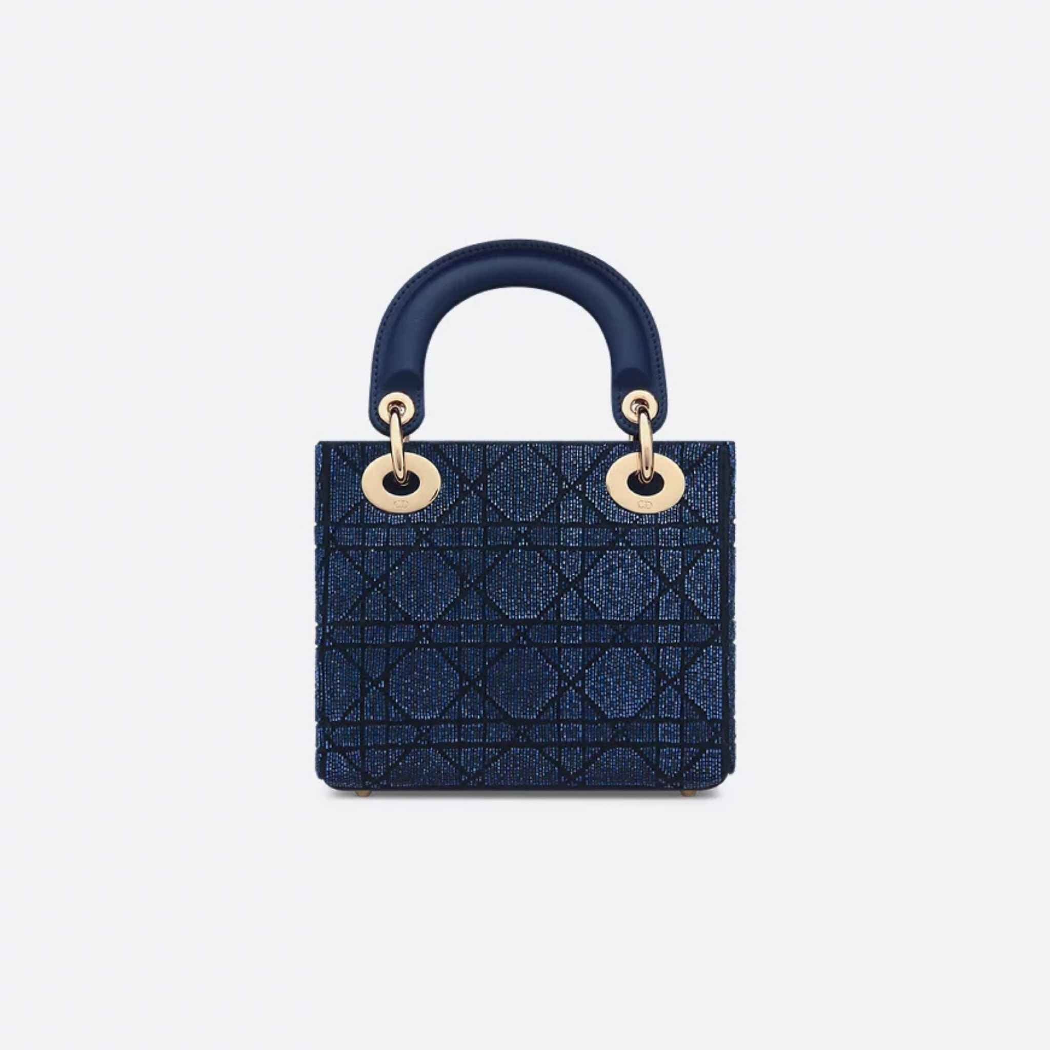 Mini Lady Dior Bag Microbead-Embroidered Cotton With Cannage Motif, Ocean Blue, Back