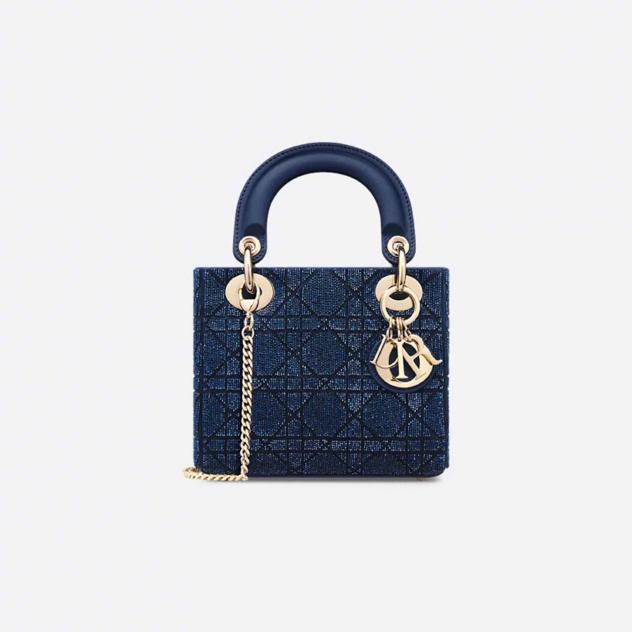 Mini Lady Dior Bag Microbead-Embroidered Cotton With Cannage Motif, Ocean Blue, Front