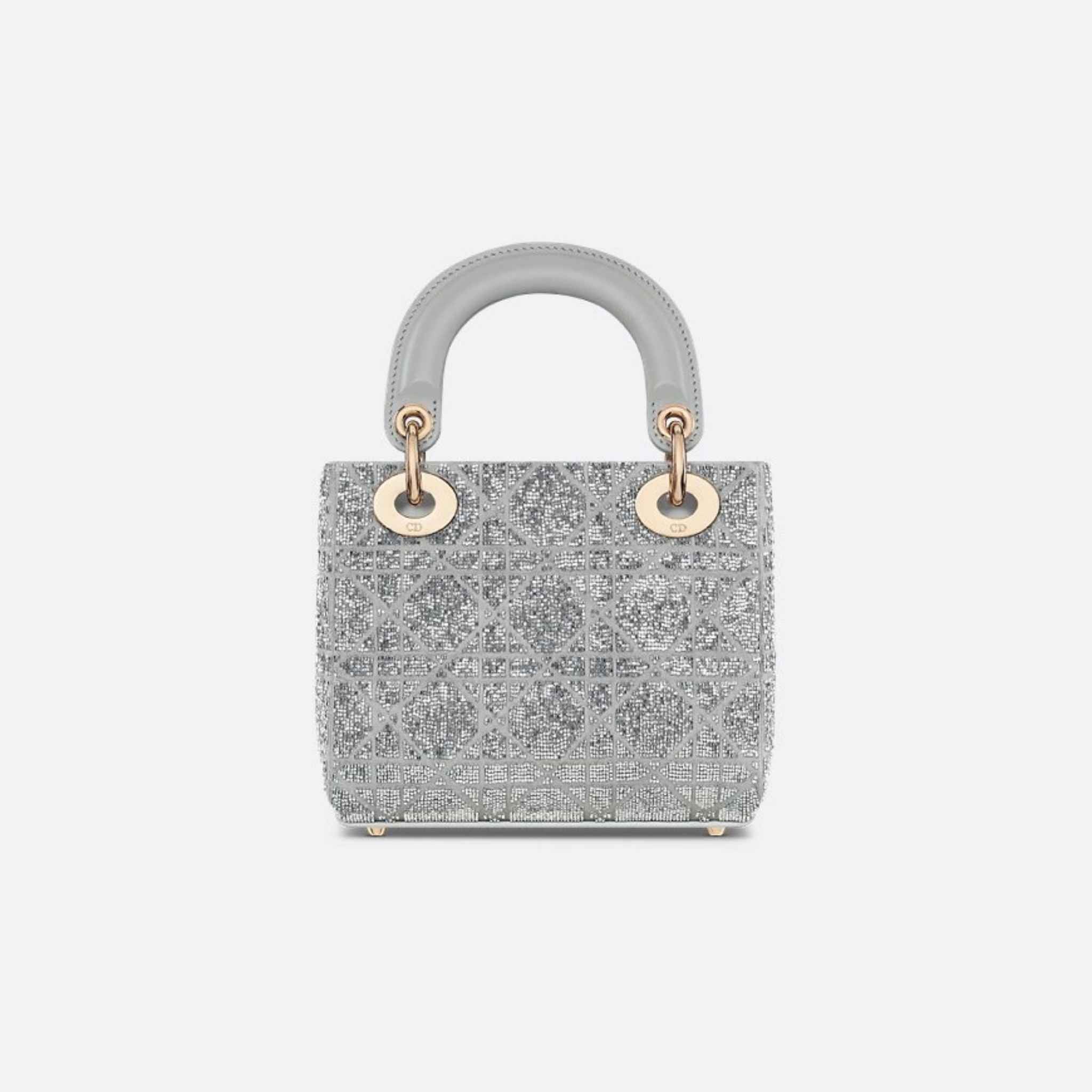 Mini Lady Dior Bag Microbead-Embroidered Cotton With Cannage Motif, Silver, Back