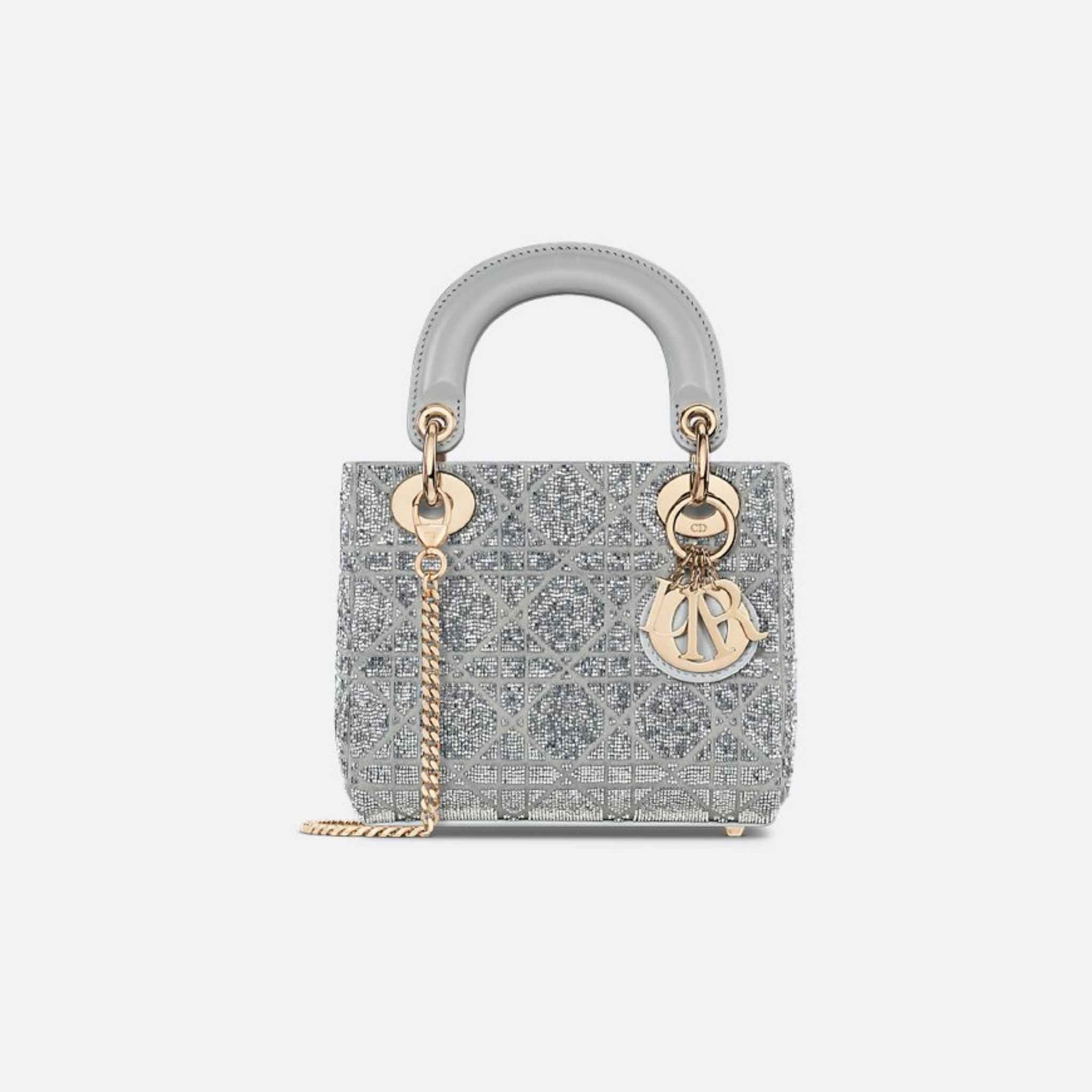 Mini Lady Dior Bag Microbead-Embroidered Cotton With Cannage Motif, Silver, Front