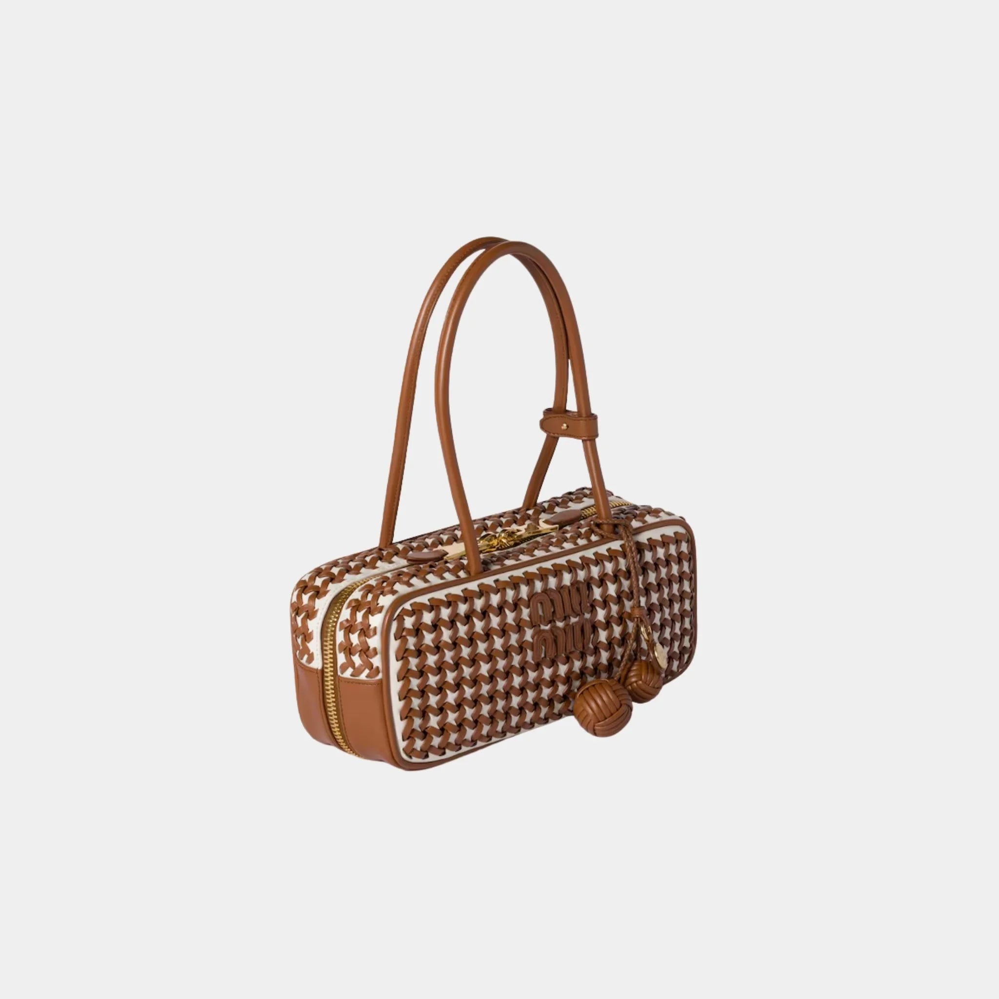 Miu Miu Beau Calfskin Leather Bag with Two-tone Motif, Cognac, White, Side