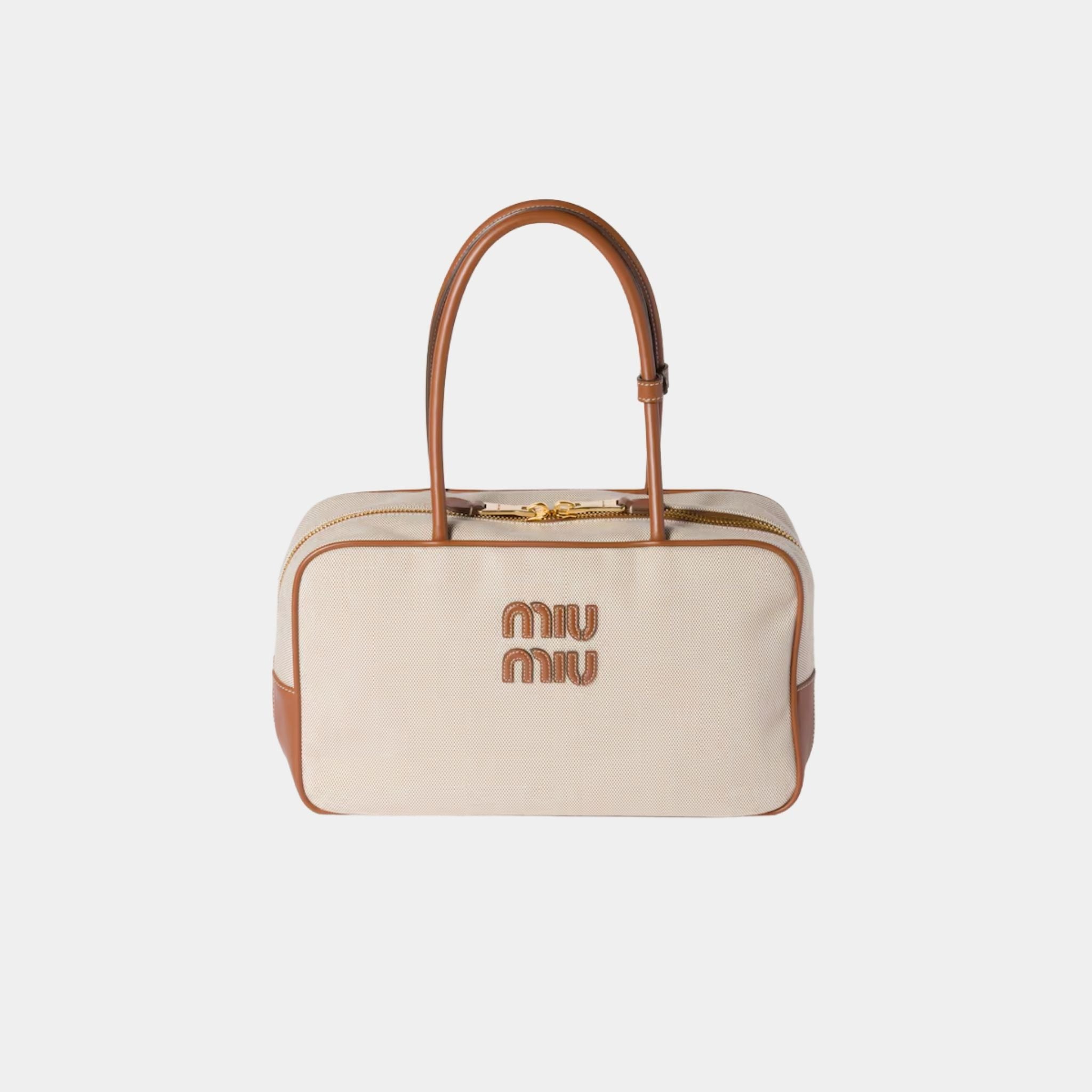 Miu Miu Beau Canvas and Leather Large Bag, Beige, Brandy, Front