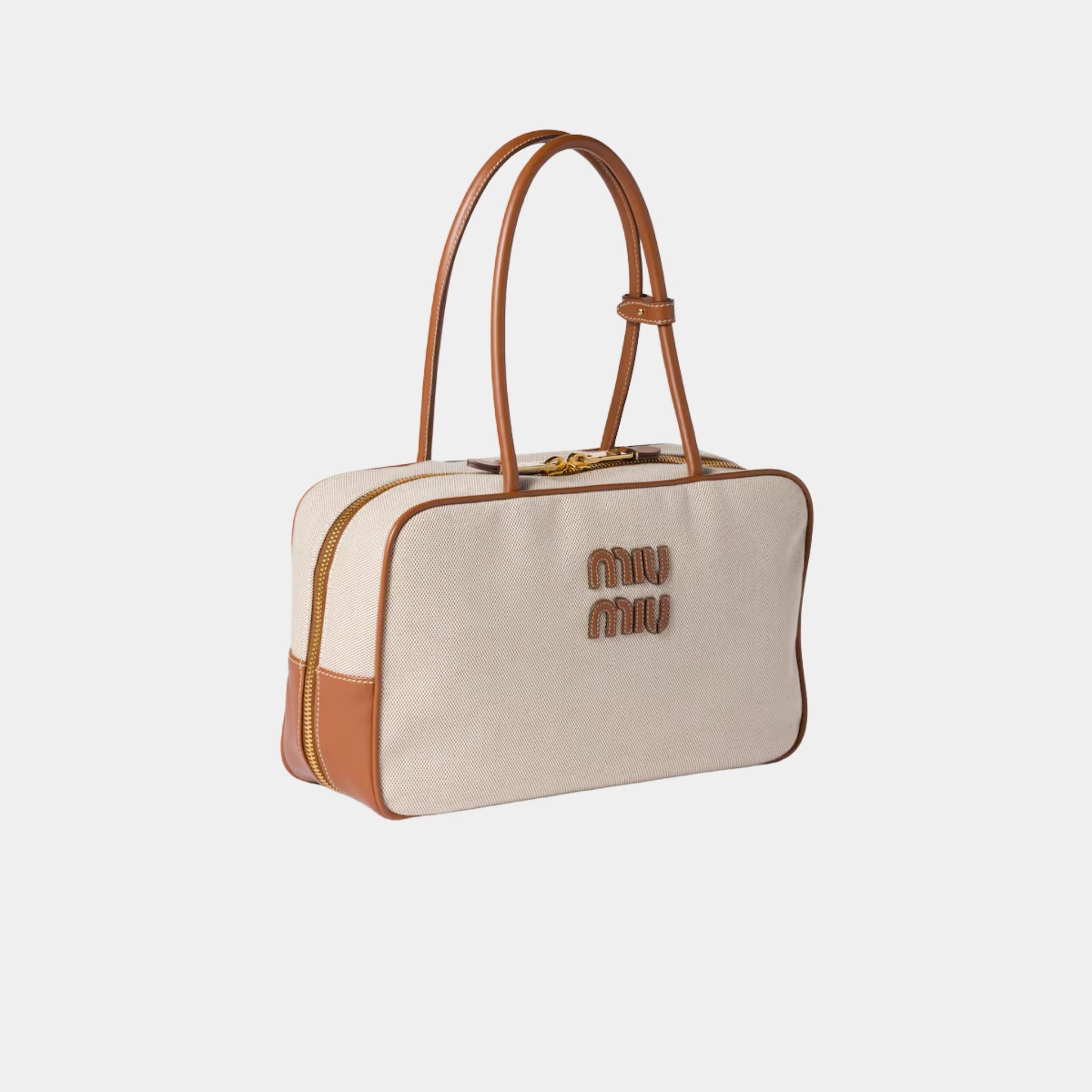 Miu Miu Beau Canvas and Leather Large Bag, Beige, Brandy, Side