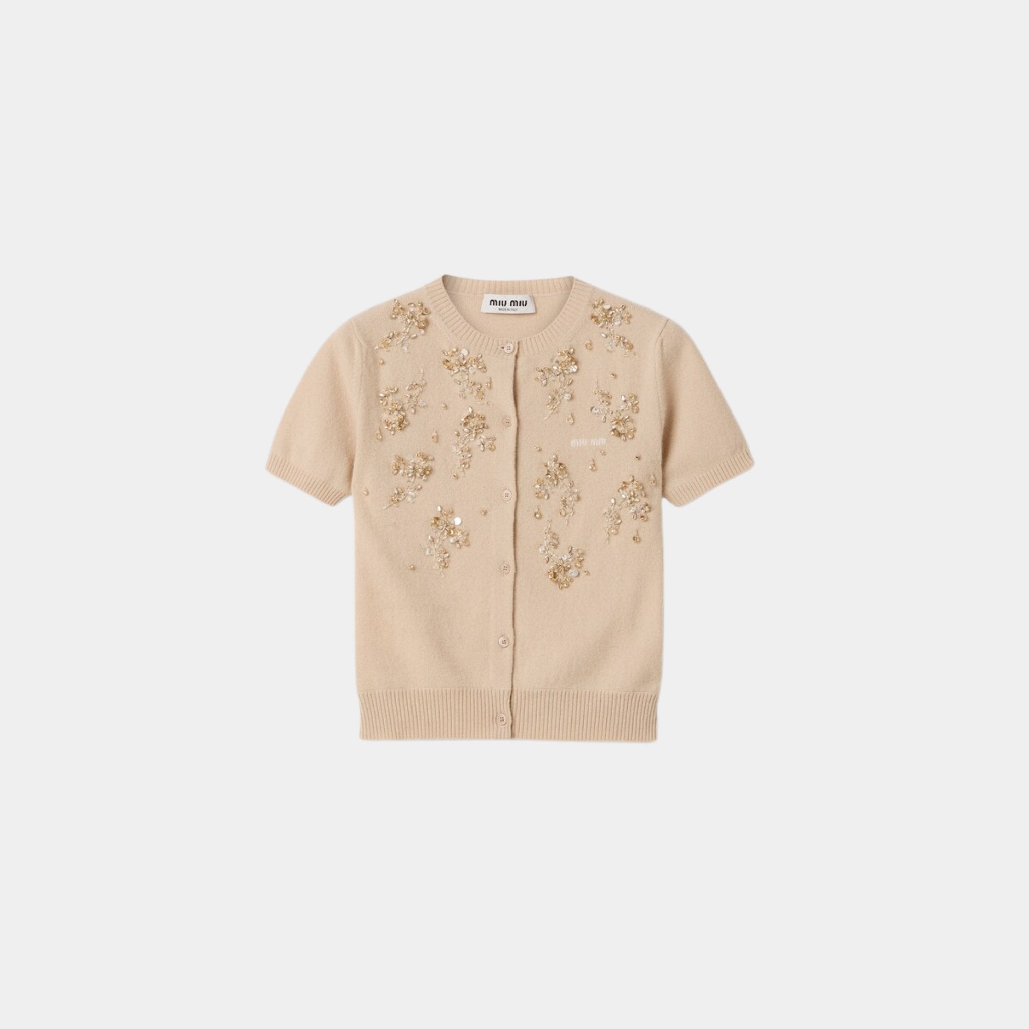 Miu Miu Embroidered Cashmere Short Sleeve Cardigan, Albino White, Front