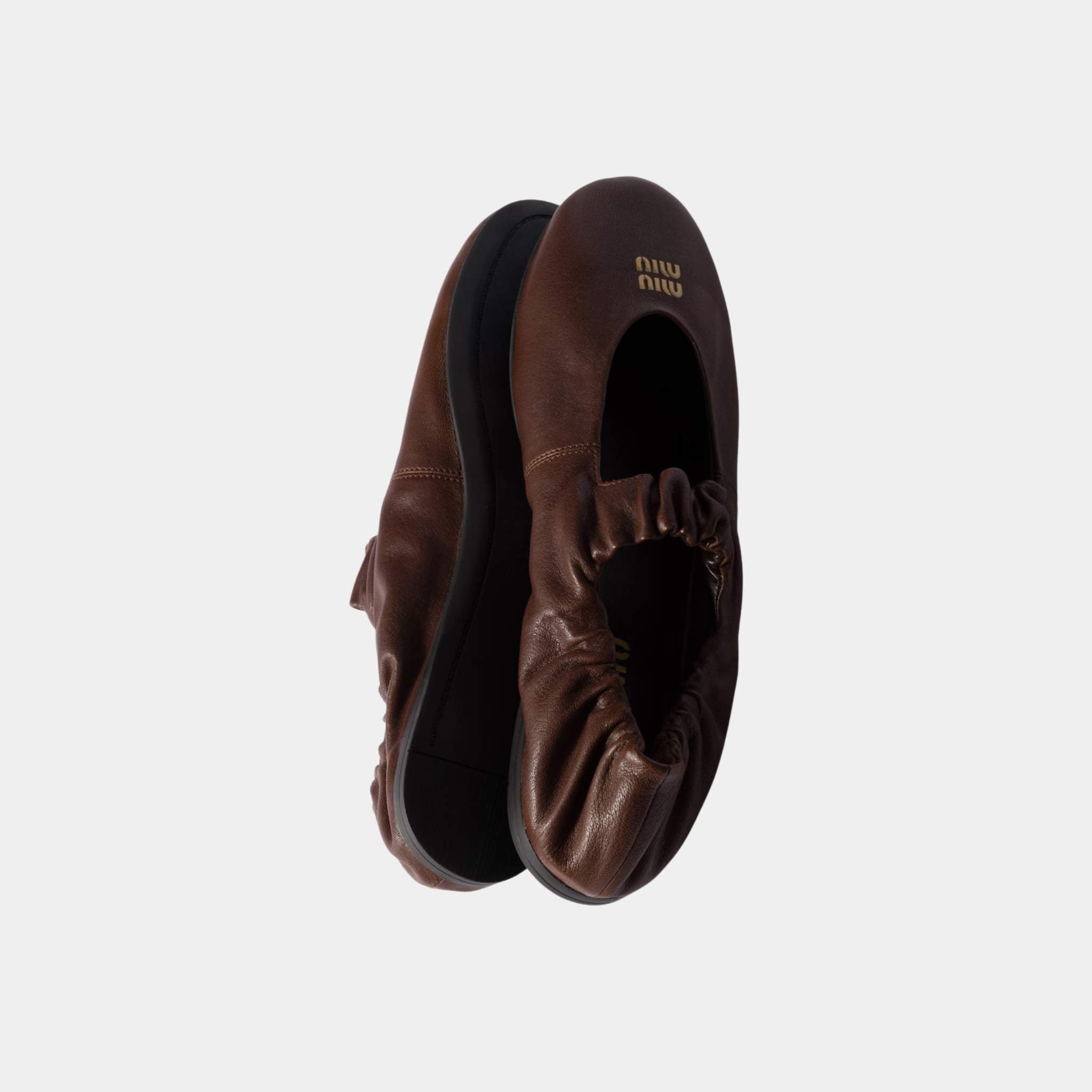 Miu Miu Ruches Nappa Leather Ballerinas, Briarwood, Top