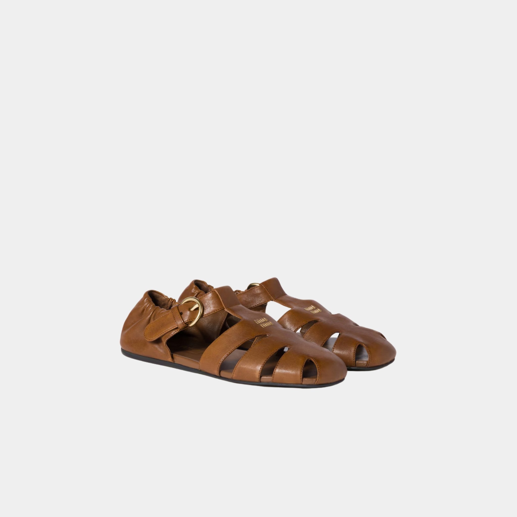 Miu Miu Ruches Nappa Leather Fisherman Sandals, Oak, Front
