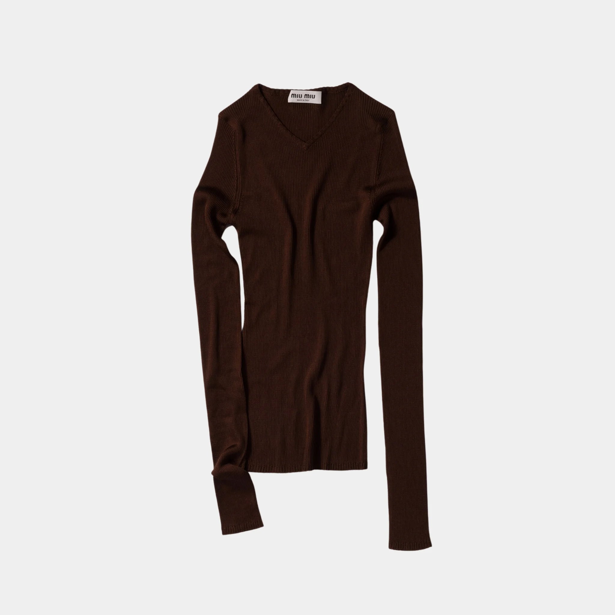 Miu Miu Silk V-neck Sweater, Cocoa Brown, Front