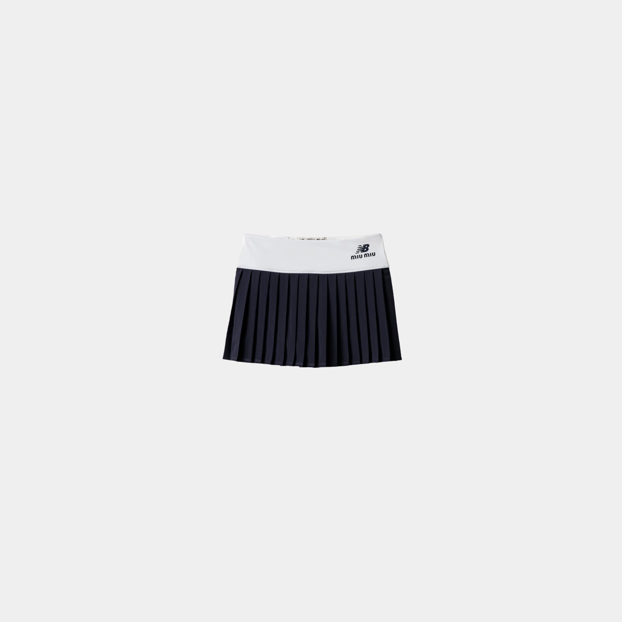 Miu Miu Stretch Technical Jersey Pleated Miniskirt, White, Baltic Blue, Front