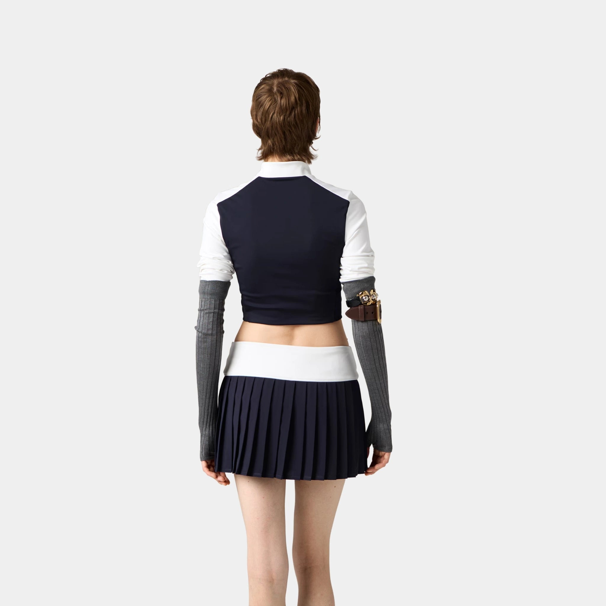 Miu Miu Stretch Technical Jersey Pleated Miniskirt, White, Baltic Blue, Model, Back