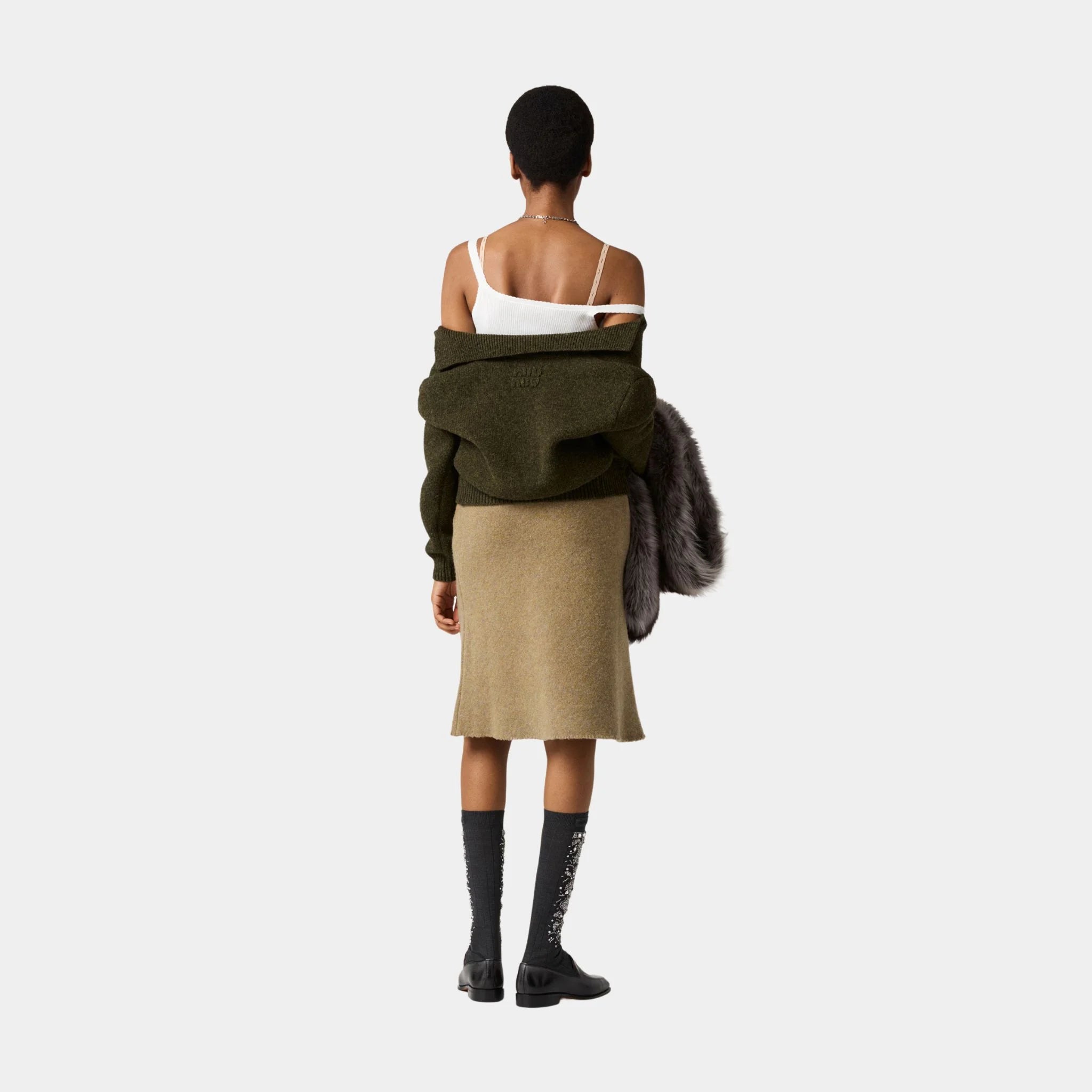 Miu Miu Wool Cardigan Front Button Closure, Military Green, Model, Back