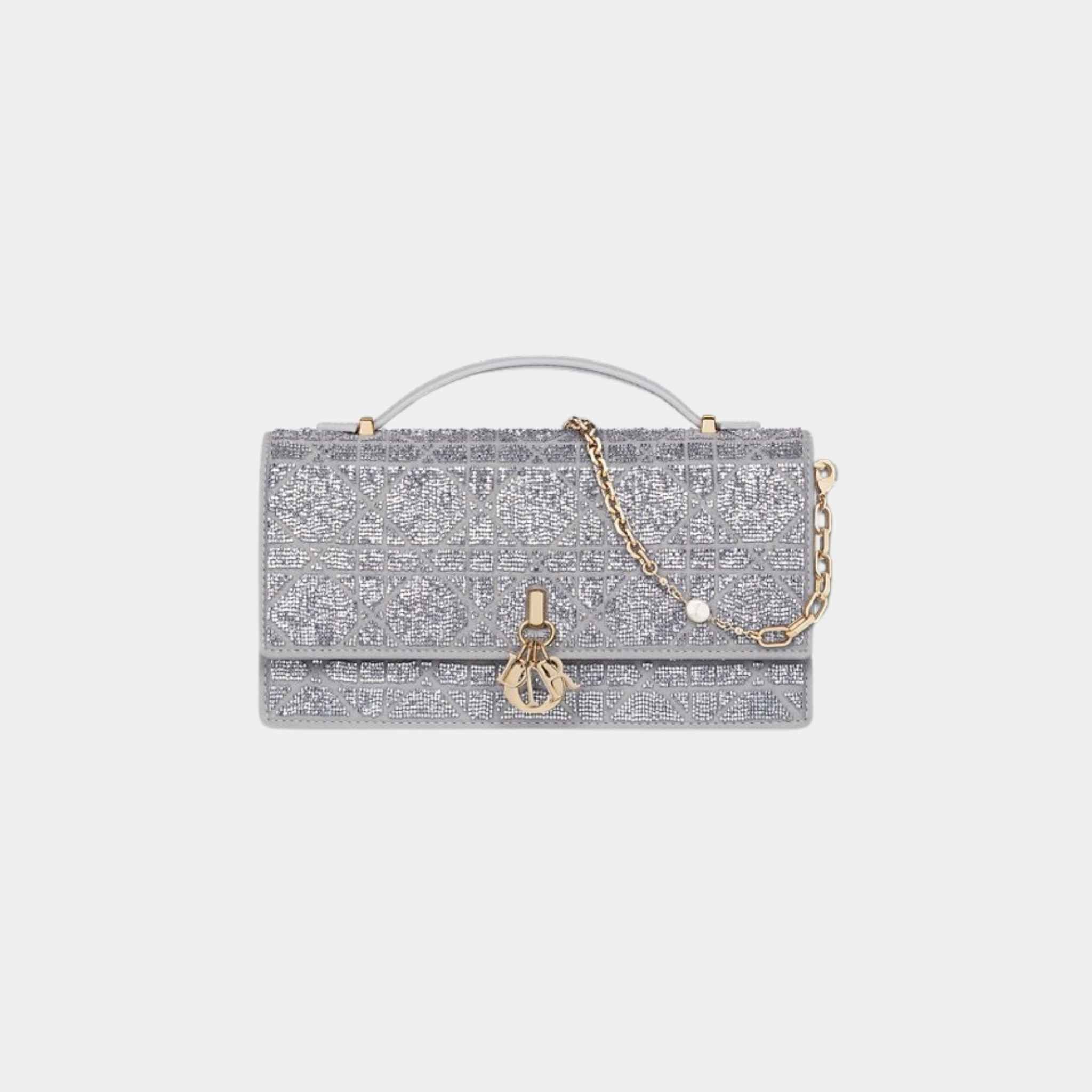 Dior Or My Dior Mini Bag Microbead-Embroidered Cotton, Silver, Front