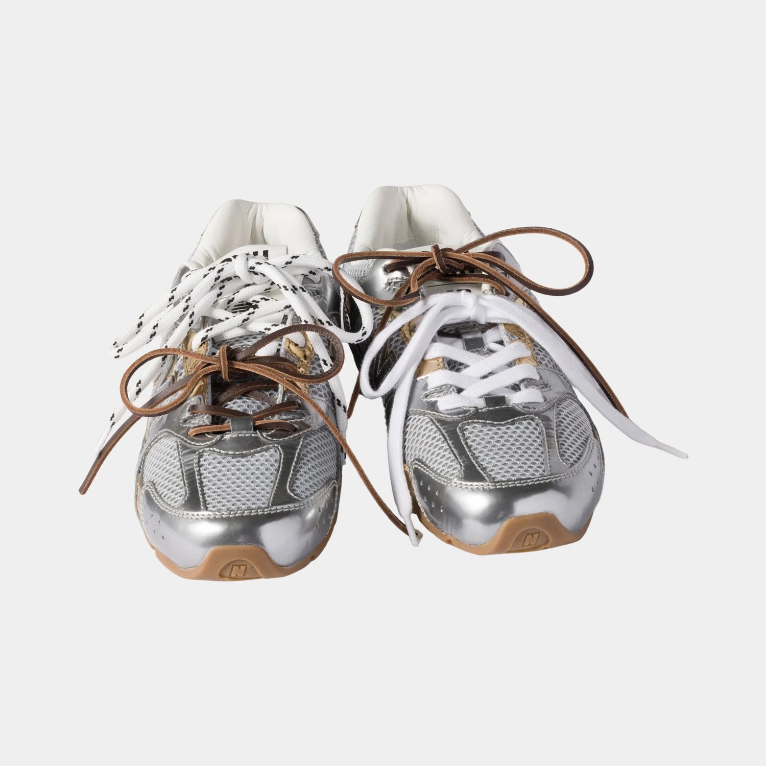 New Balance X Miu Miu 530 SL Metallic Leather and Mesh Sneakers, Silver, Platinum, Close, Front