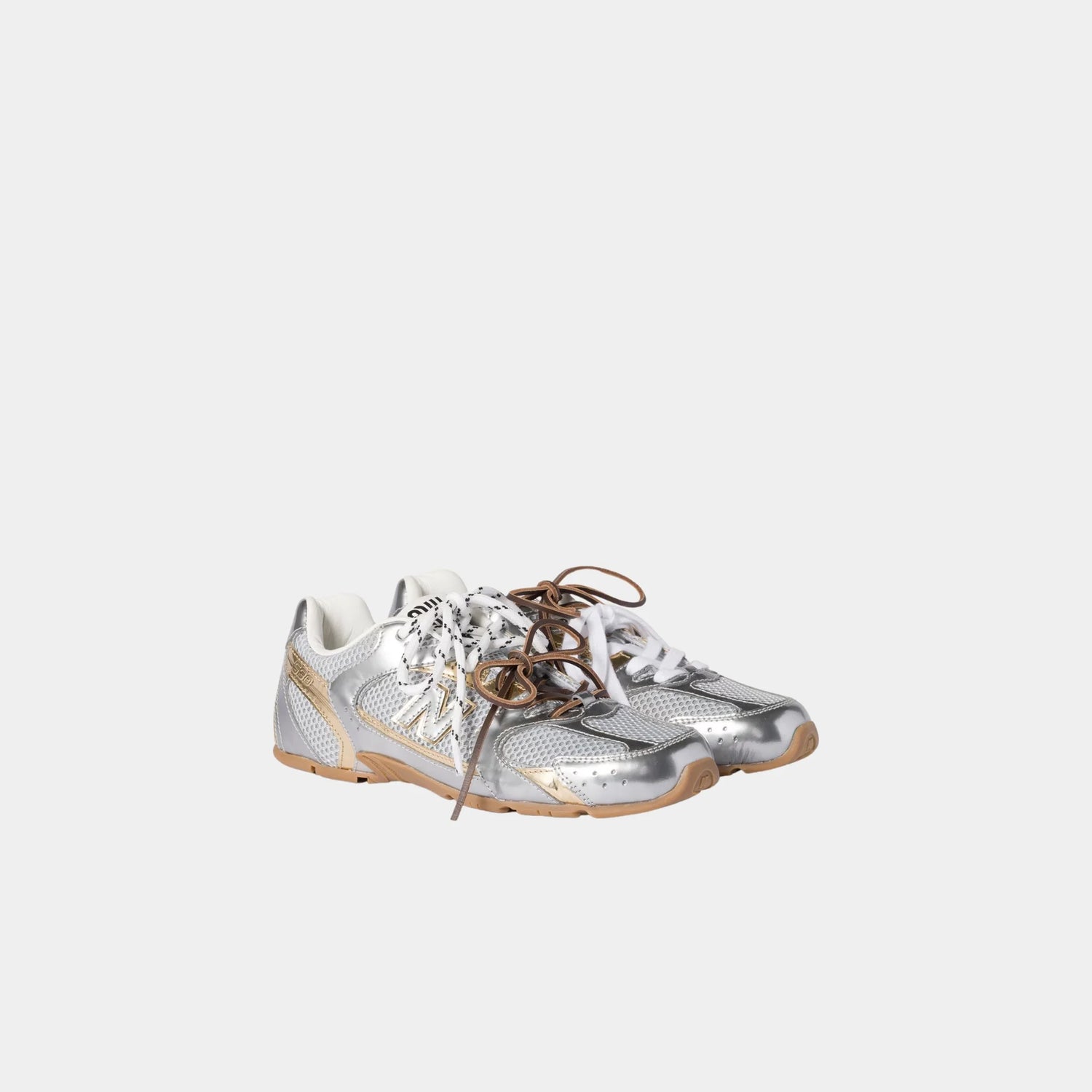 New Balance X Miu Miu 530 SL Metallic Leather and Mesh Sneakers, Silver, Platinum, Front