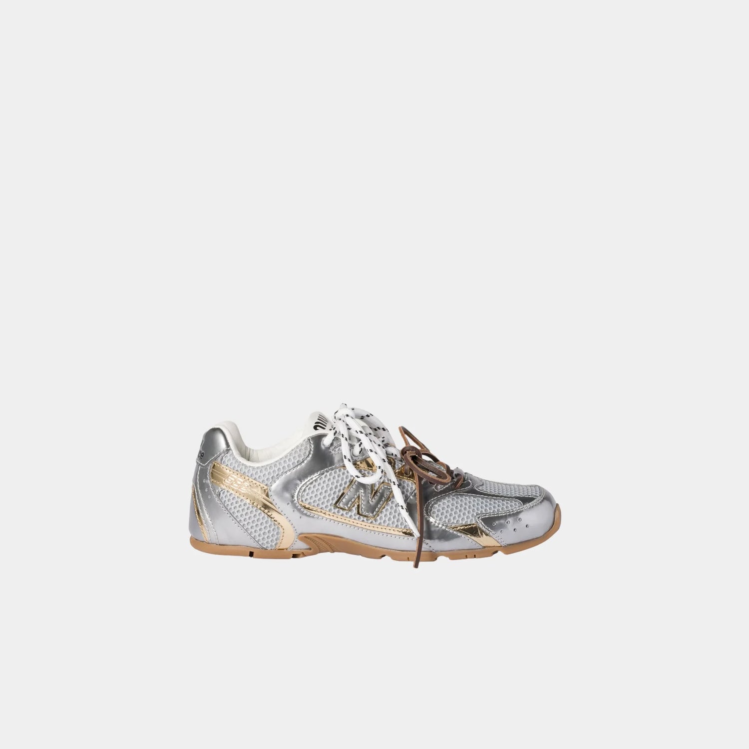 New Balance X Miu Miu 530 SL Metallic Leather and Mesh Sneakers, Silver, Platinum, Side