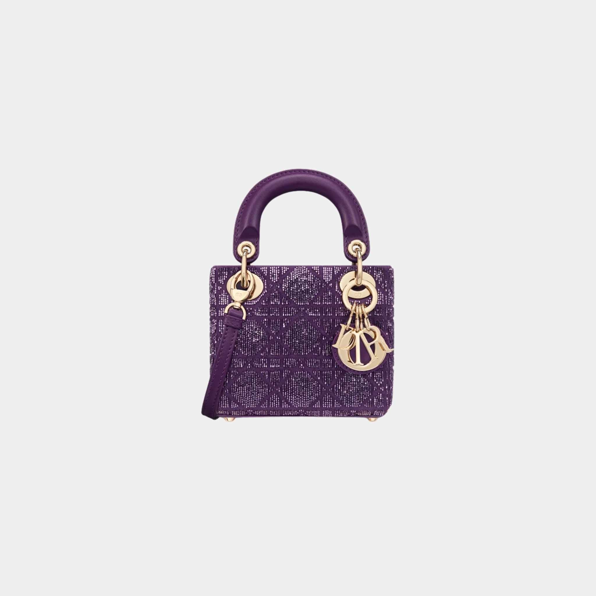 Dior Or Lady Dior Micro Bag Royal Purple Microbead-Embroidered Cotton, Front