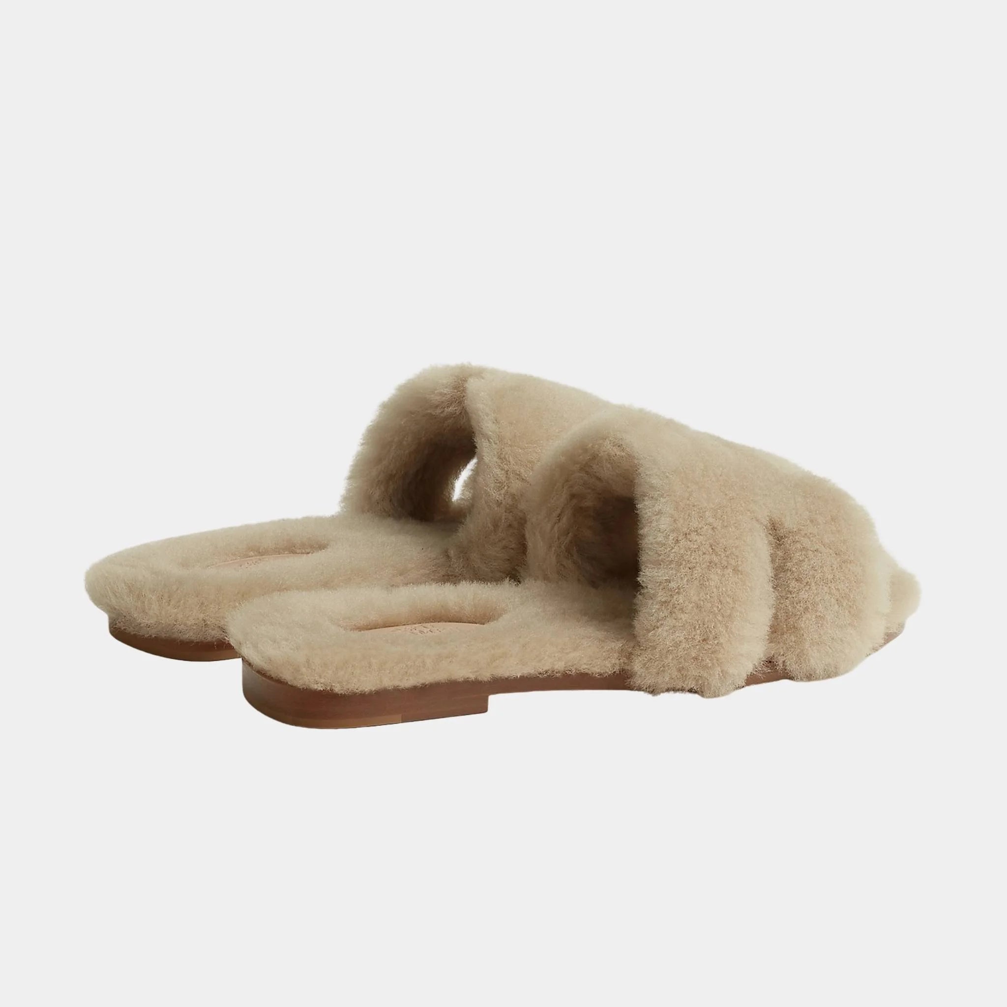 Hermes Oran Sandals Sheepskin, Beige Camel, Back