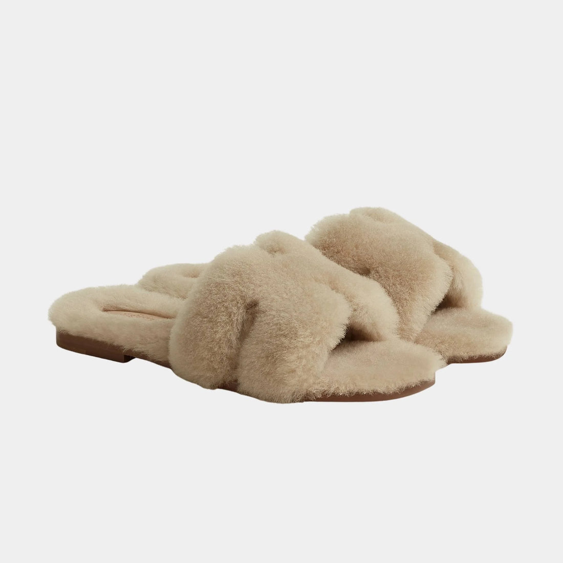 Hermes Oran Sandals Sheepskin, Beige Camel, Front