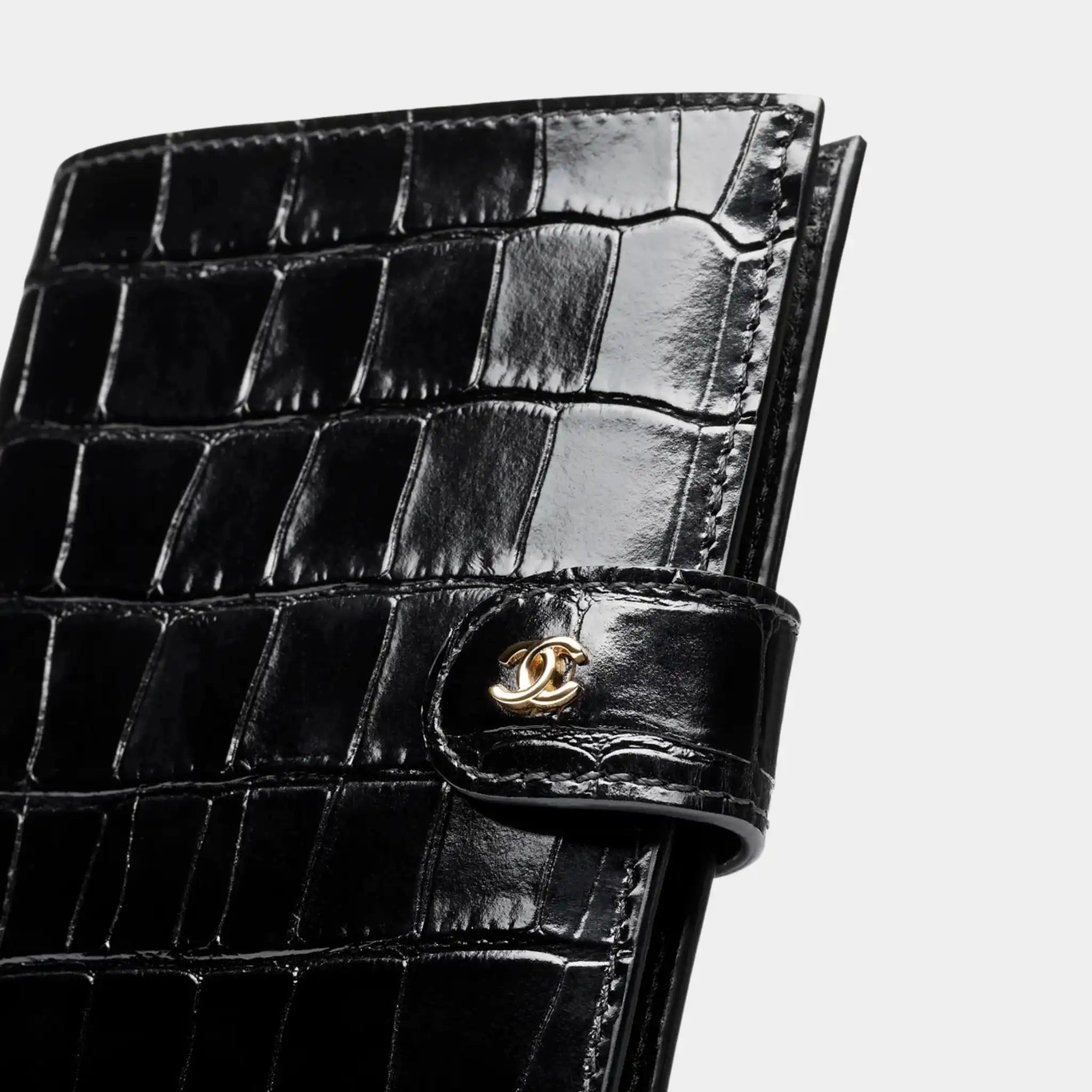 Chanel Passport Holder Crocodile Embossed Calfskin & Gold-Tone Metal, Black, Close